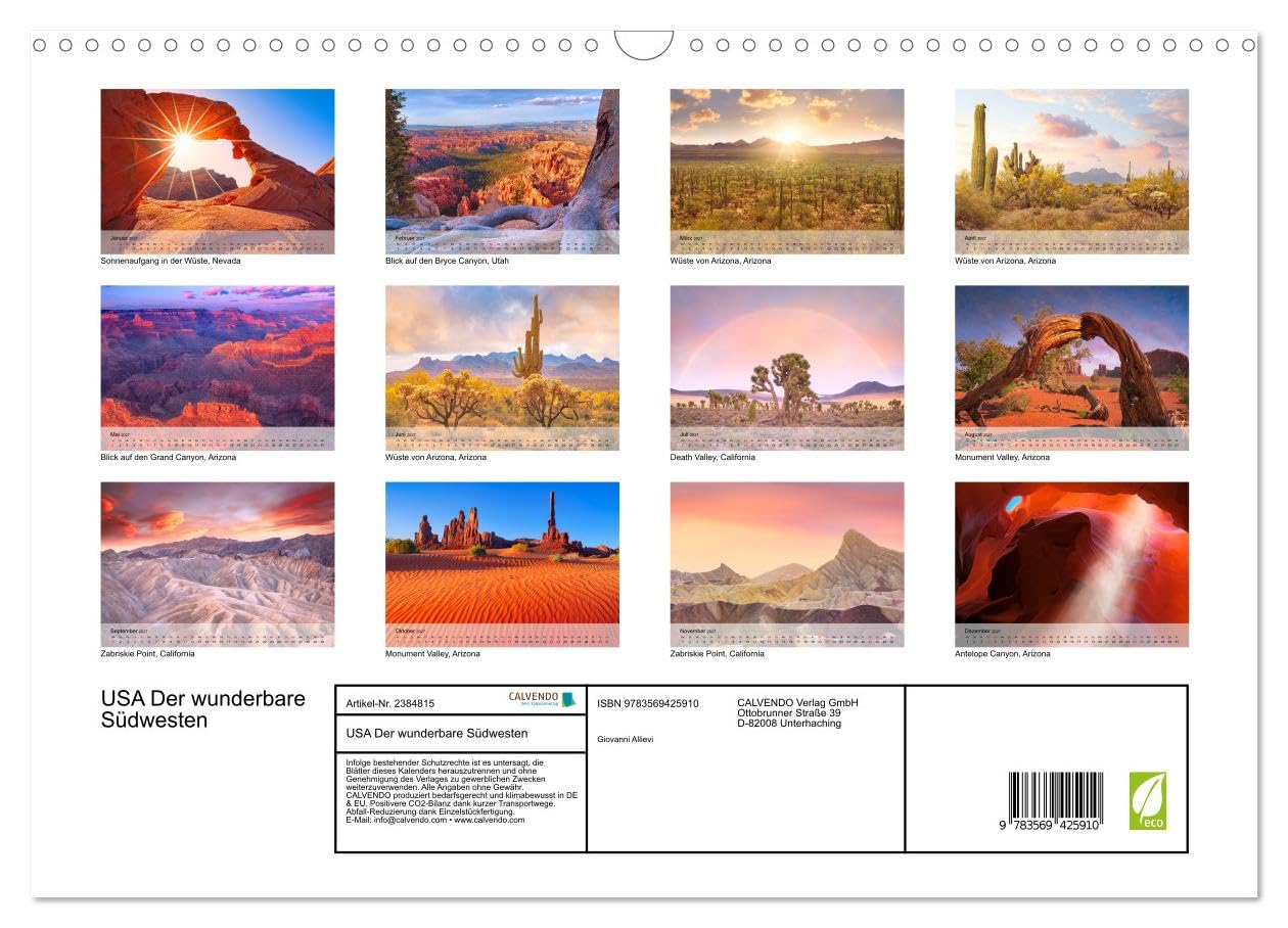 CALVENDO - USA Der wunderbare Südwesten (Wandkalender 2027 DIN A3 quer), Monatskalender: Die wunderbaren Landschaften des Südwestens der USA