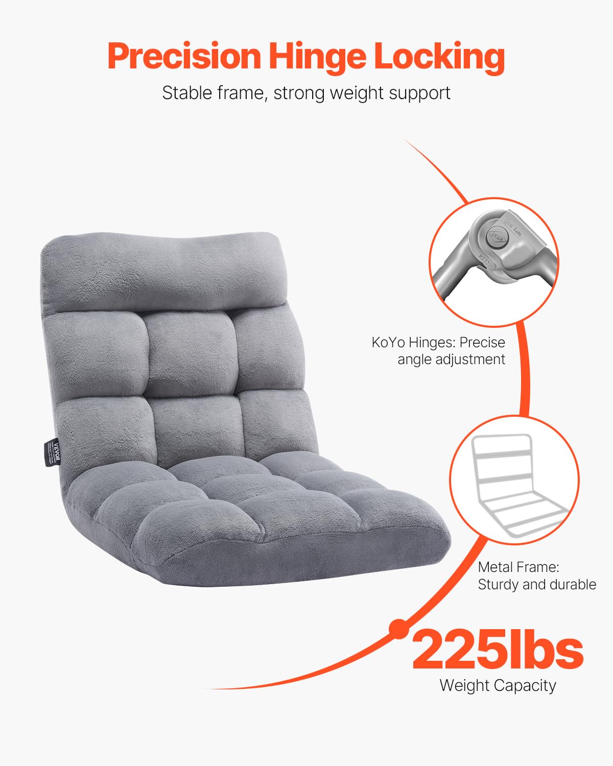 VEVOR Bodenstuhl Klappsofa aus Recyclingschaum mit 14 einstellbaren Positionen, multifunktionaler Bodentuhl mit Rückenlehne, ideal zum Schlafen & Lesen, Boden-Gamingstuhl für Kinder, grau