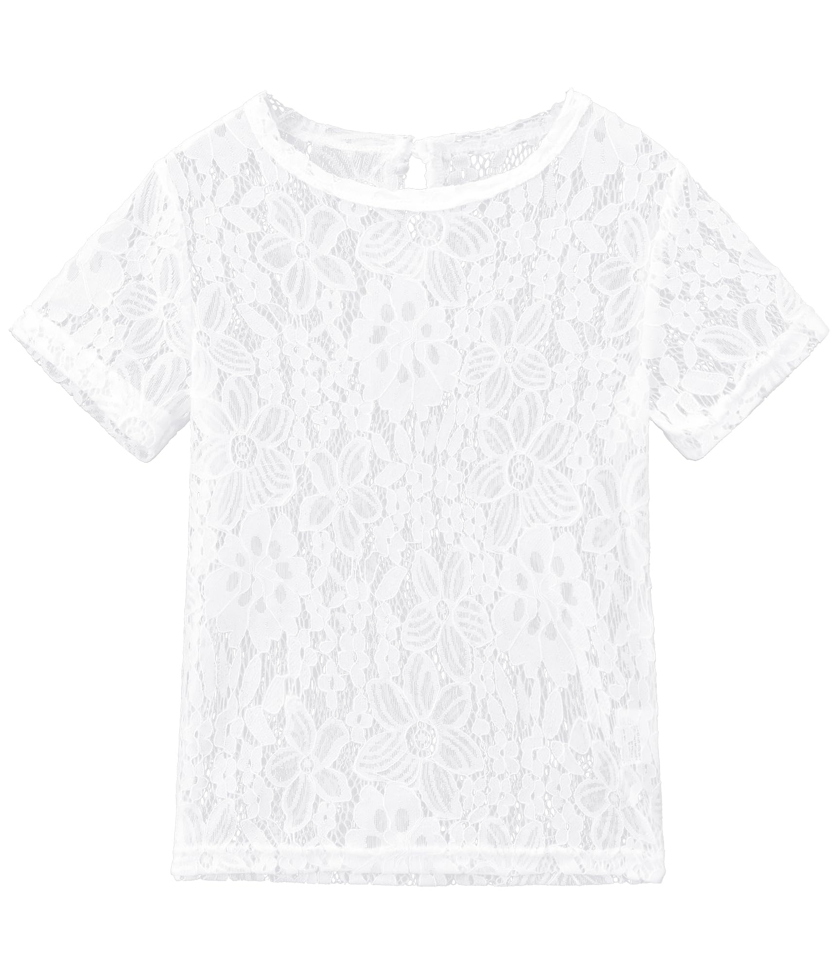Noomelfish Girls Lace Short Sleeve Layering Tops Sheer Mesh Tee Shirts Blouse (5-12 Years)