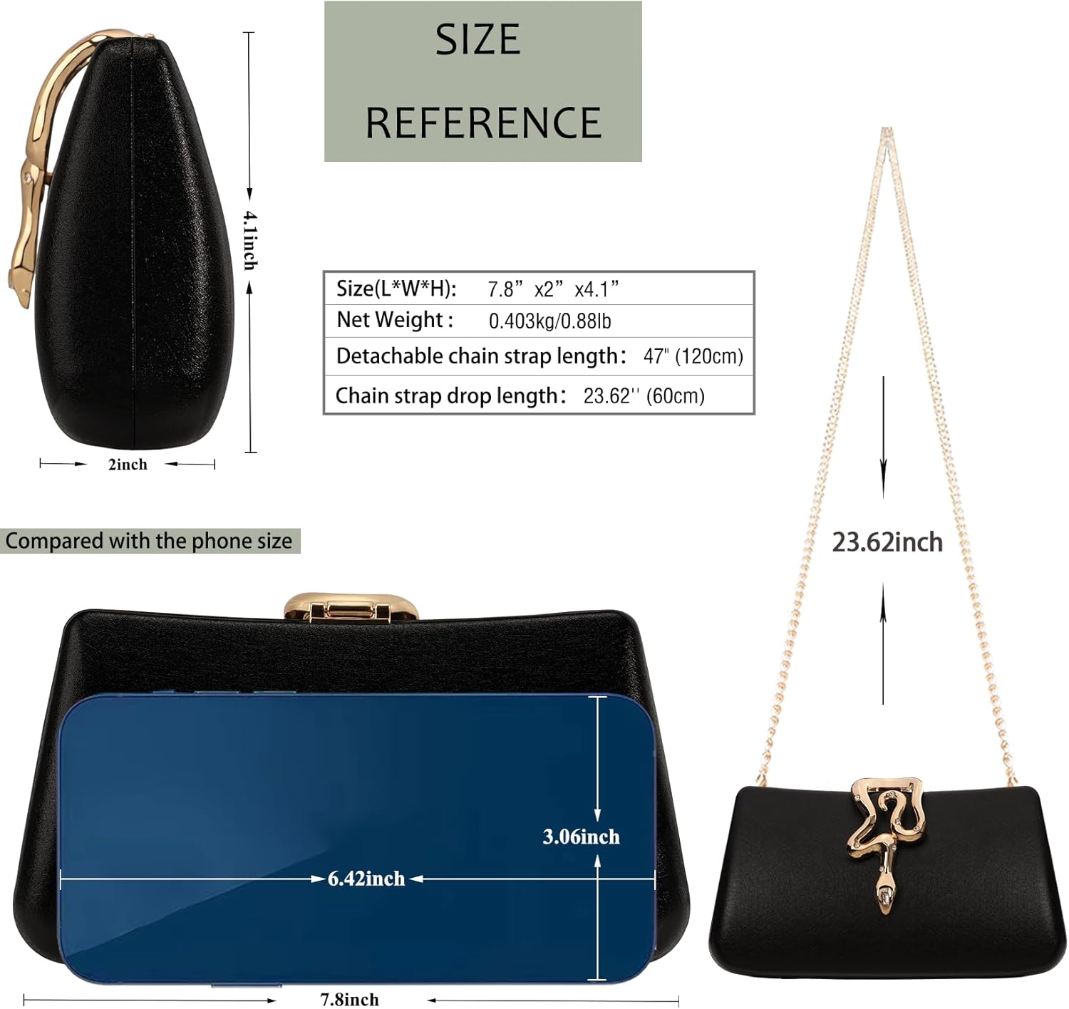 Women's Formal Evening Clutch Purse Synthetic Leather with Snake Clasp, Detachable Strap for Wedding, Prom, Party - Image 4