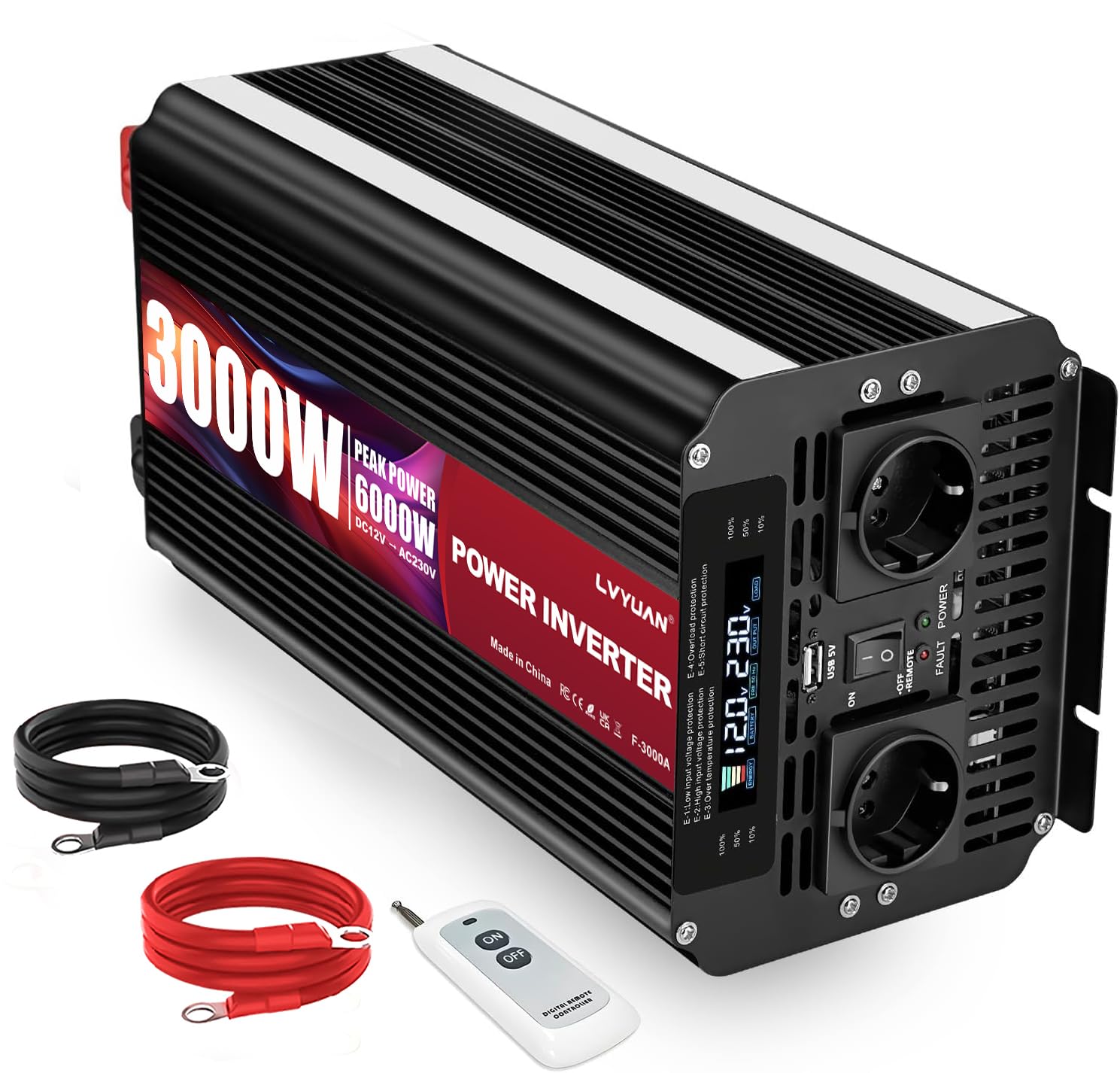 Yinleader Inversor de Corriente 3000W Pico 6000W Convertidor de Voltaje de 12V a 220V 230V Onda Sinusoidal Modificada Transformador con Puerto USB Y 2 Pantalla LED Dos Salidas de ca
