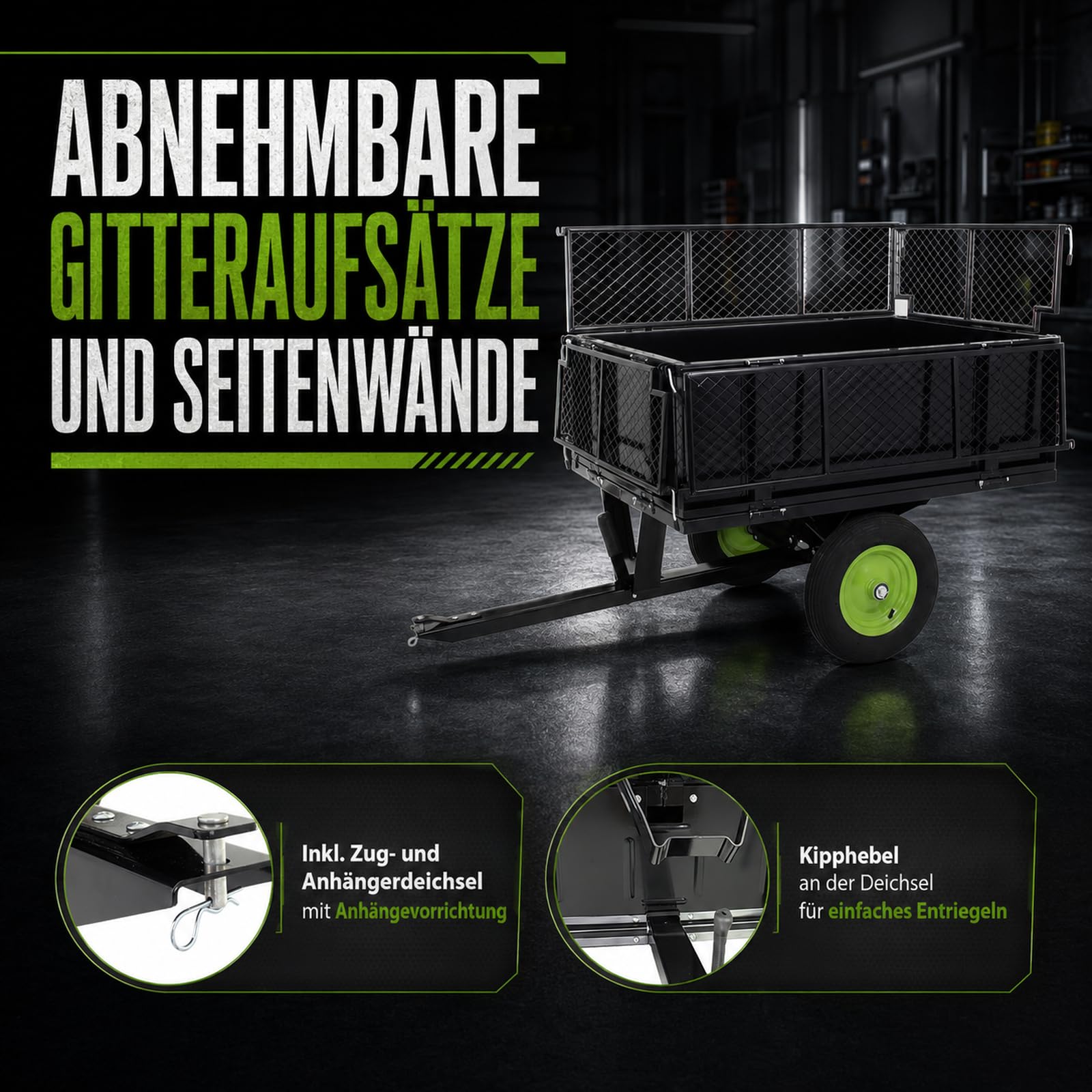 TRUTZHOLM Anhänger Rasentraktor 300 kg kippbar Aufsitzmäher Hänger Traktor Kippanhänger ATV Quad mit Kupplung zum Transport von Erde, Dünger und Laub
