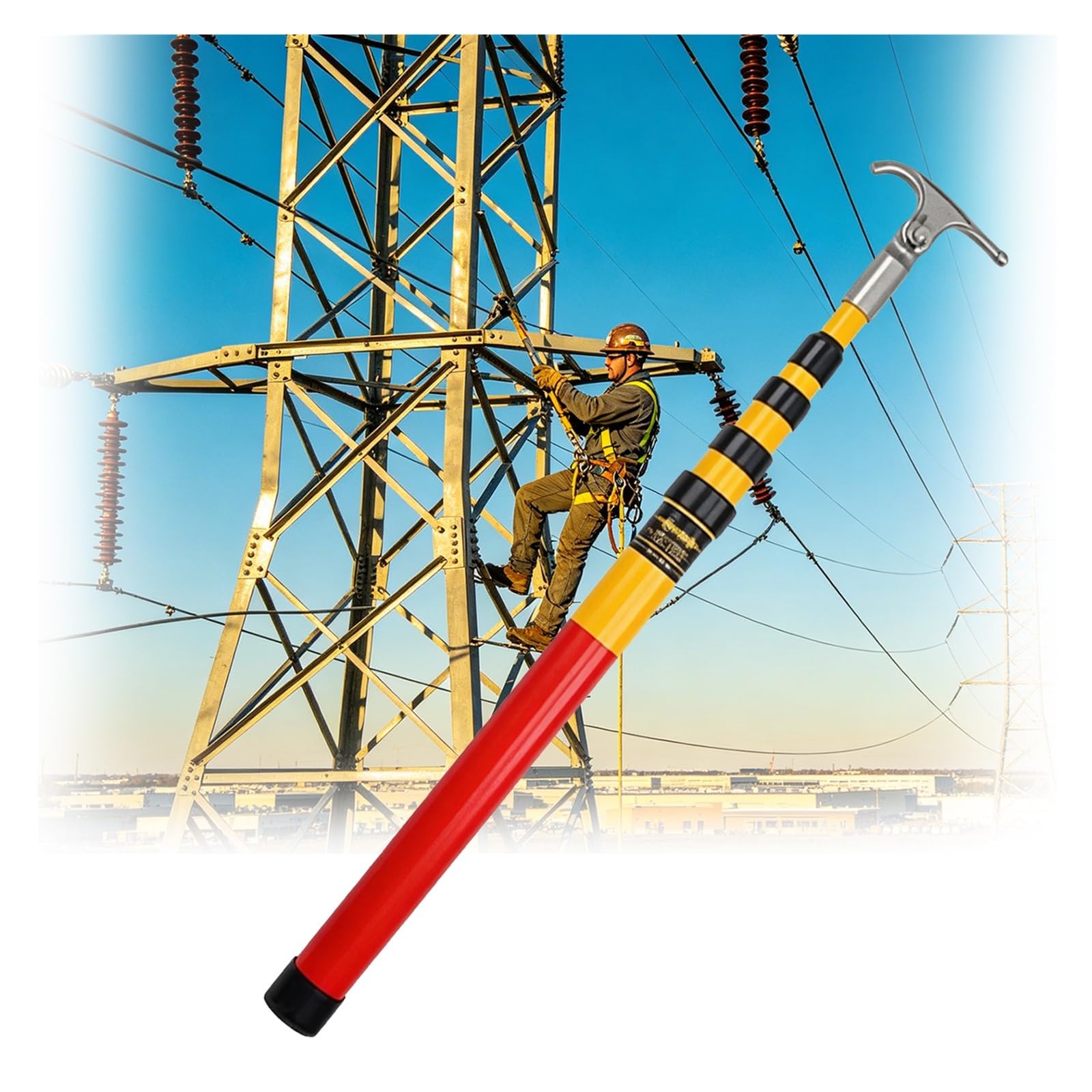 Vyrata High Voltage Insulated Rescue Hook Commercial, Portable Retractable Hot Stick Rescue Pole, Openings for Electricians, Lineman((6m/236in/19.7ft) 4-Section)