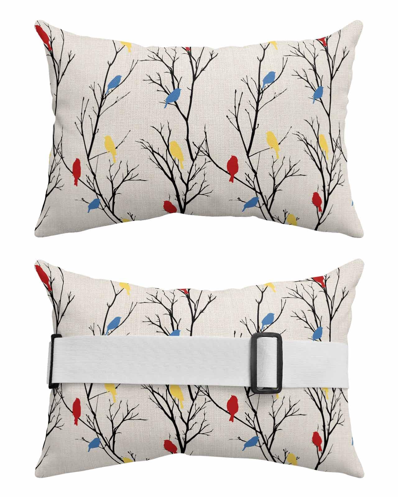 Anzona Pack of 4 Colorful Birds Lumbar Pillow Covers, Outdoor Waterproof Throw Pillow Covers Set, Rustic Summer Branch Botanical Classic Black Decorative Cushion Case for Patio Beach, 12x20 Inch