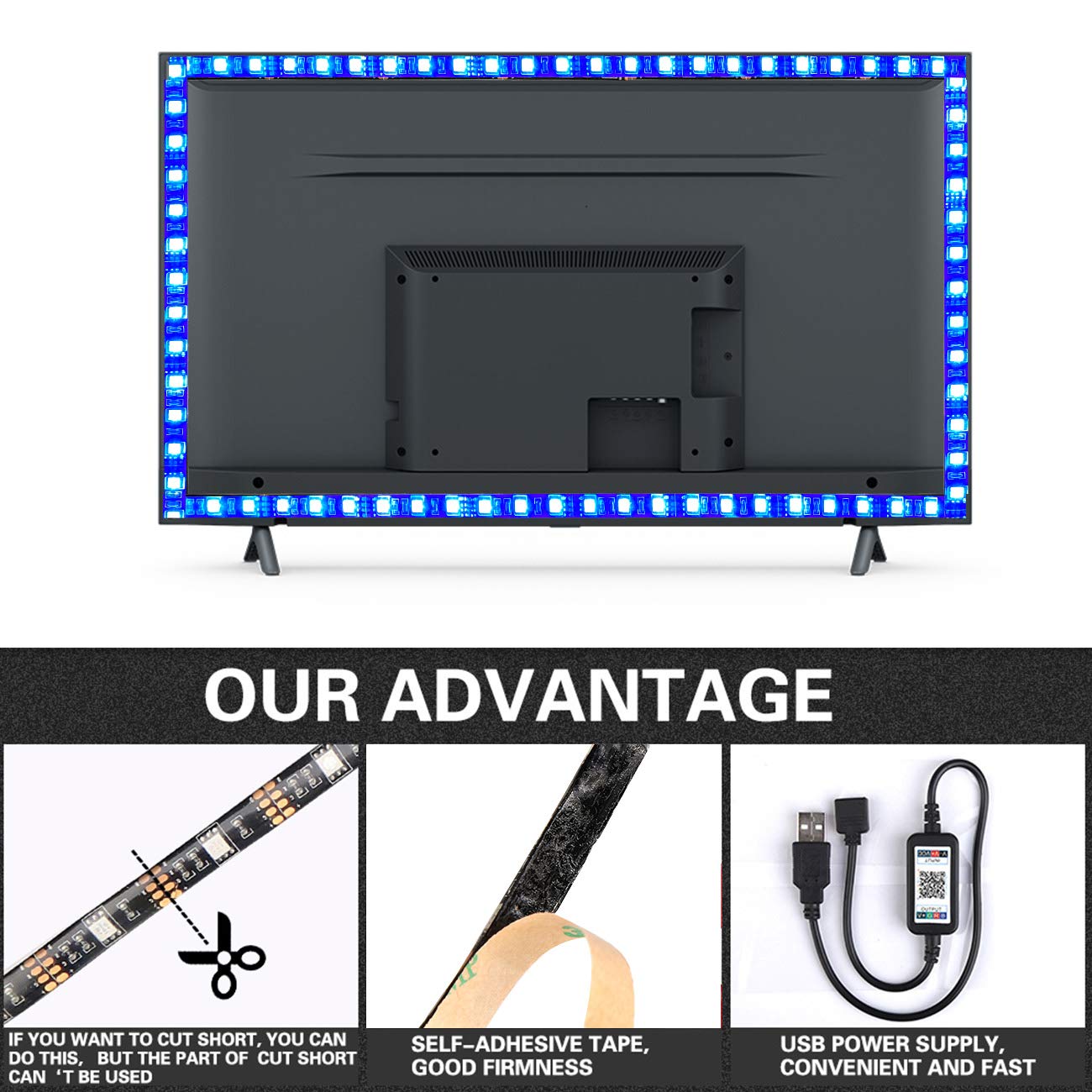 LED TV Hintergrundbeleuchtung,2M USB LED RGB Fernseher Beleuchtung mit Bluetooth APP,TV LED Beleuchtung,LED Strip Musik Lichtband,LED Streifen,für 40-60 Zoll HDTV,PC Bildschirm,Spieltisch,Spiegel usw.