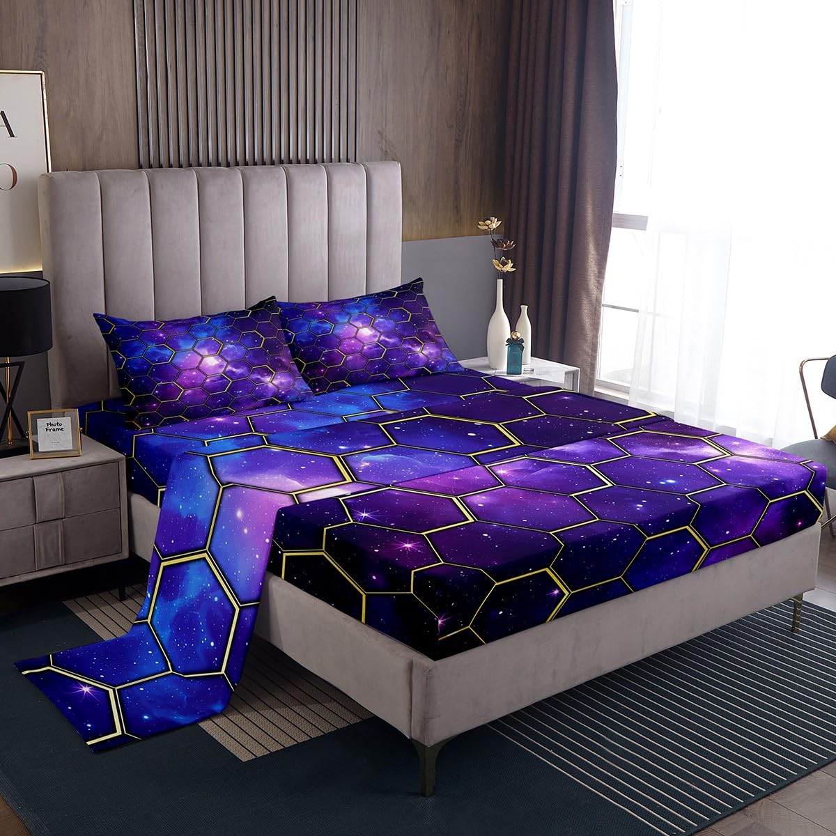 Manfei Galaxy Waben-Bettwäsche-Set, volle Größe, geometrischer Sechseck-Druck, blau-violetter Sternenhimmel, 4-teilig, mit Spannbetttuch + Bettlaken + 2 Kissenbezügen, Kinderzimmerdekoration für