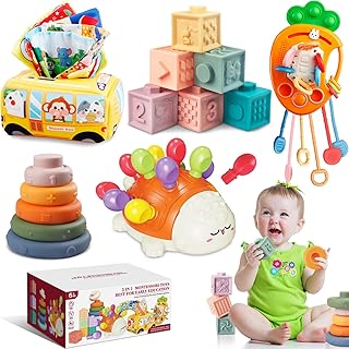 Montessori Toys for Babies 6-12 Months, 5 in 1 Baby Toys 6 to 12 Months, Stacking Blocks Rings, Infant Tissue Box Toy Pull String Toy, Fine Motor Sensory Toys Birthday Gift for Toddlers 1 2 3 Year Old