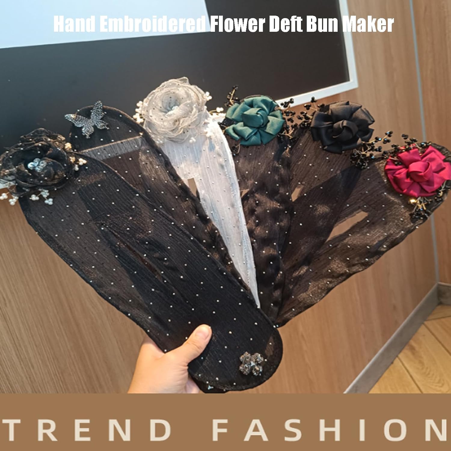Flower Diamond Mesh Hair Disk, Hand Embroidered Flower Deft Bun Maker, Easy Fast Roll Hair Clips for Long Thick Hair (C)