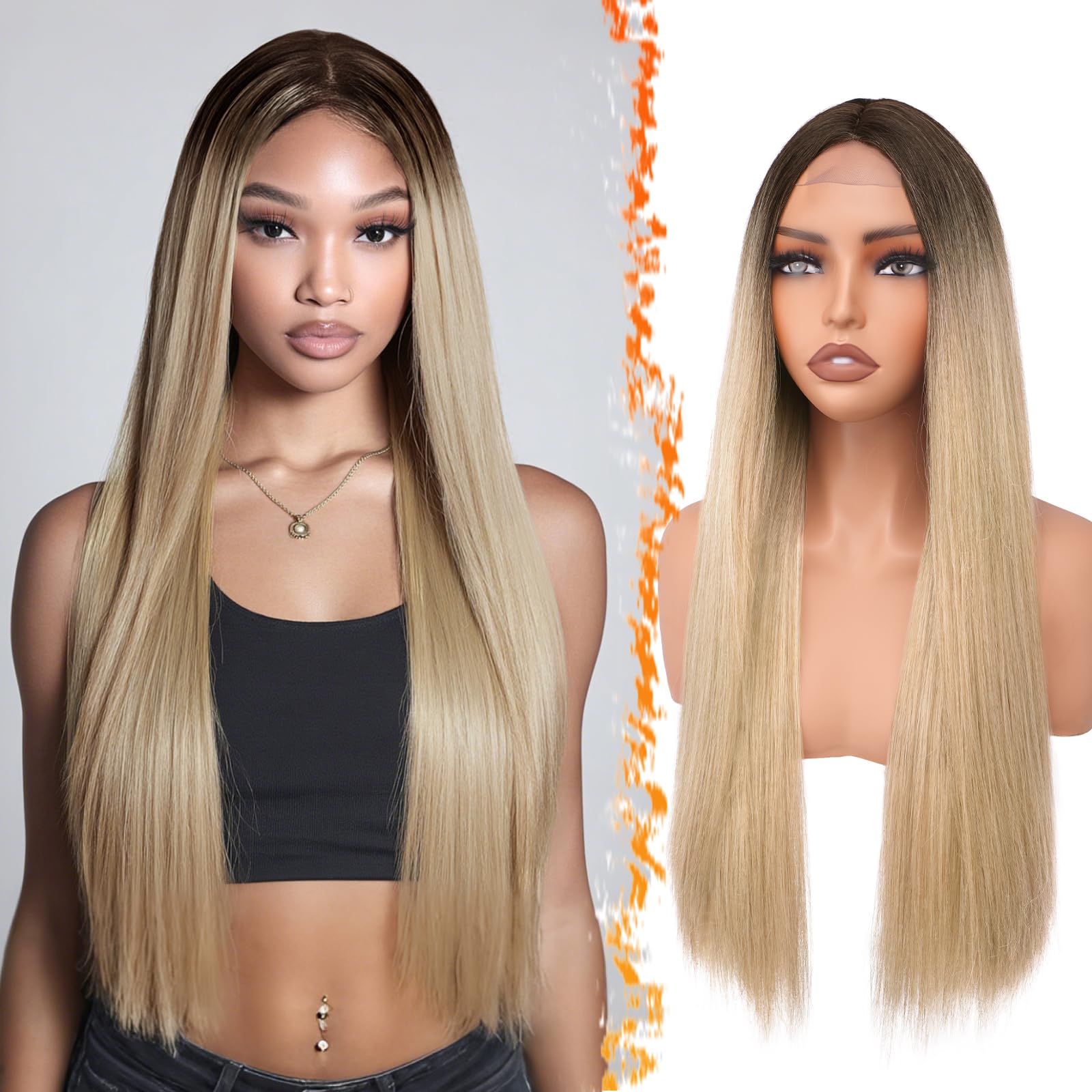 BARSDAR Lange Gerade Perücke, 71cm Lange Gerade Mittelscheitel Blond Ombre Perücke für Damen Natürliche Haarperücken Synthetische Haar Wigs Spitzenfront Perücken Party Cosplay Halloween