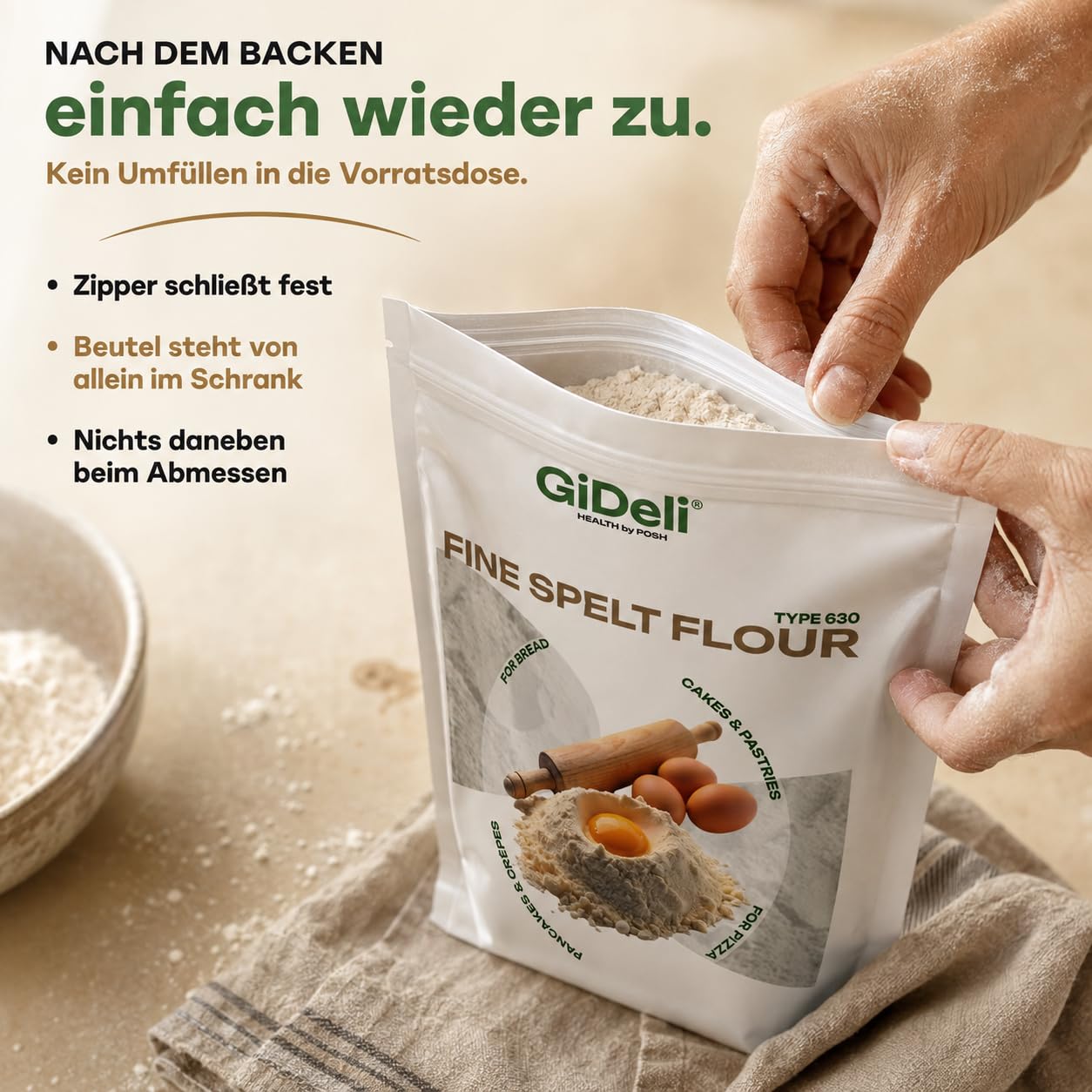 GiDeli Dinkelmehl Typ 630 Hell, Fein Gemahlen zum Brot Backen, 4x5kg