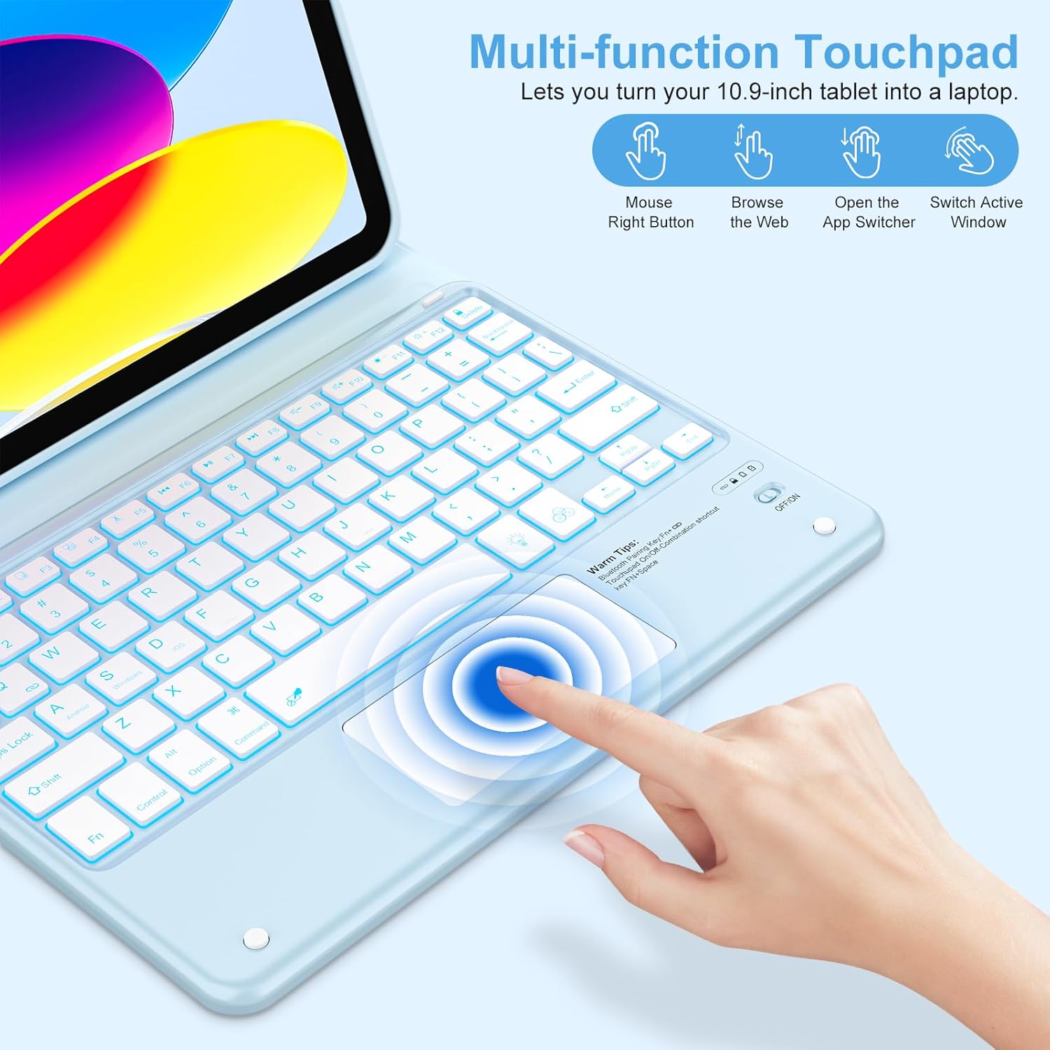 COO for iPad (A16) 11th 10th Generation Case with Keyboard, 7 Colors Backlit Magnetic Detachable Keyboard with Multi-Touch Trackpad & Pencil Holder for iPad 11 inch 2025/10 Gen 10.9" 2022（Light Blue）
