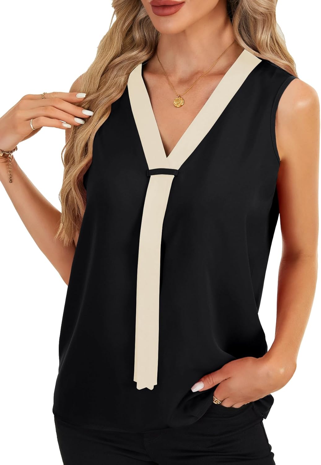 Rooscier Women's Colorblock V Neck Sleeveless Loose Fit Office Blouse Tank Top Shirt - Image 4