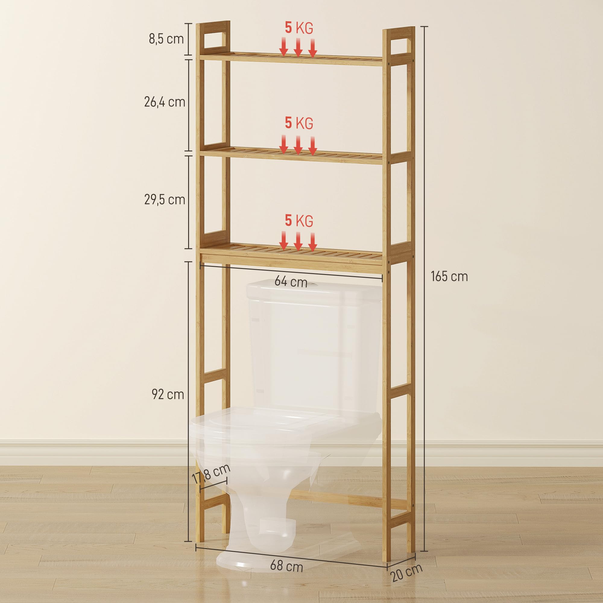 kleankin Estantería sobre Inodoro de Bambú Estantería de Baño con 3 Estantes y Alfombrillas Antideslizantes Antivuelco Estilo Moderno 68x20x165 cm Natural