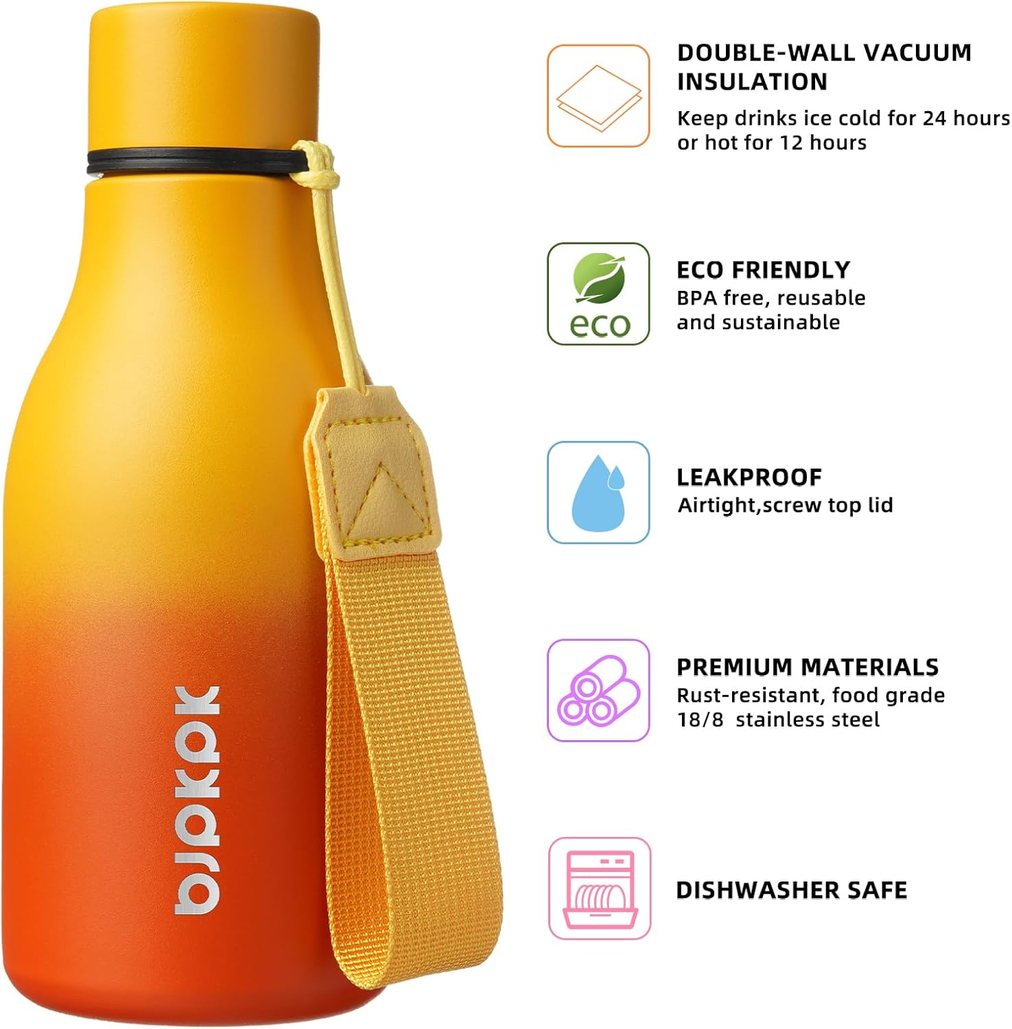BJPKPK Insulated Water Bottles, 12oz Stainless Steel Metal Water Bottle with Strap, BPA Free Leak Proof Jugs, Mugs, Flasks, Reusable Thermal Flasks for Sports & Travel, Sunset Orange - Image 2