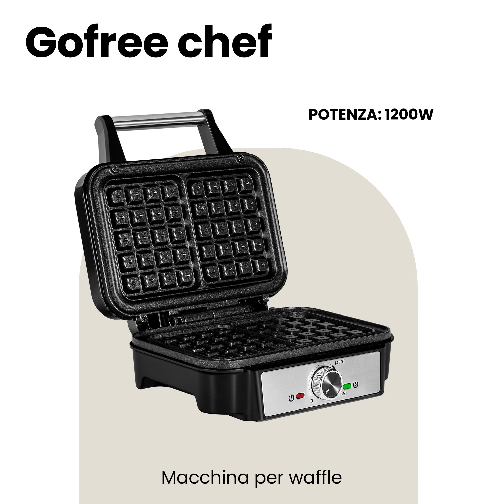 ZEEGMA GOFREE CHEF Macchina per Waffel Potenza Elevata 1200 W Per Waffel belgi, Doppio Rivestimento Antiaderente, Regolazione Temperatura, Spia Pronto all'Uso, Waffel Spessi Piastre profonde