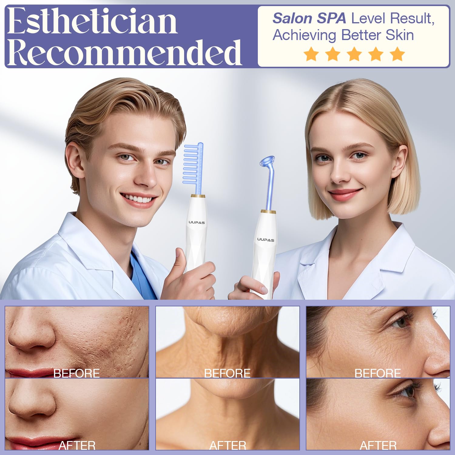 Hochfrequenzstab Gesicht - UUPAS 6 Blau Argon und Neon Gas HF Stab Akne Gerät - Hochfrequenz-Haut-Therapie-Gerät für Haarausfall, Hautstraffung, Spot Faltenentferner, Körperpflege Gesichtsmassagegerät