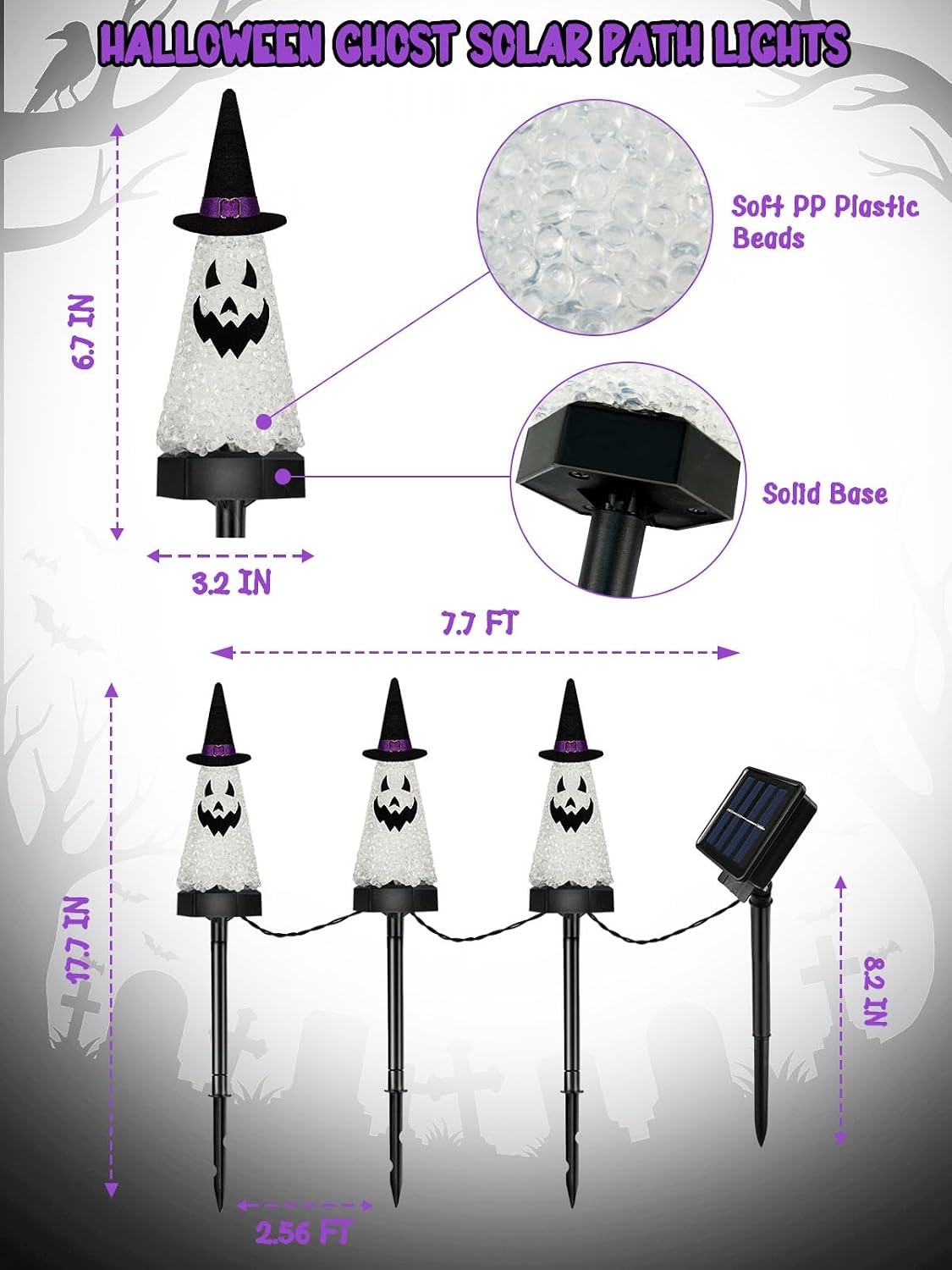 3 Pack Pathway Halloween Decorations Outdoor, Solar Ghost Lights Waterproof image 2