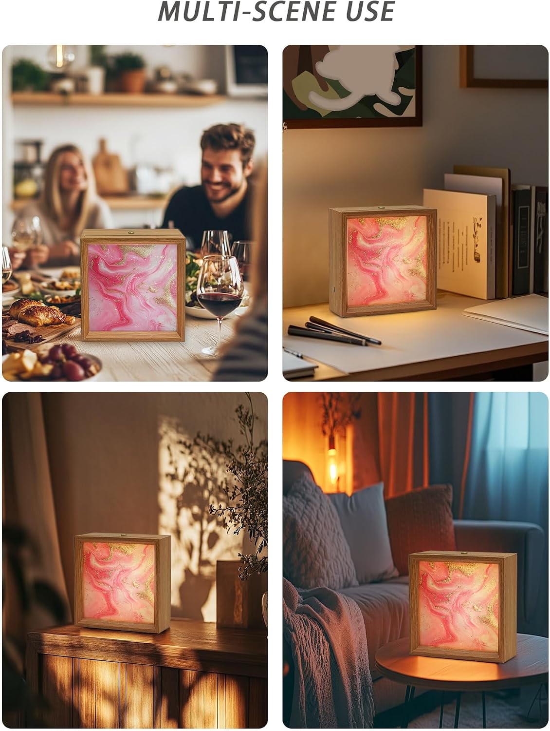 Wooden LED Night Light Box Abstract Pink Marble Gold Stripe Wood Picture Frame - USB Rechargeable Dimmable Touch Table Light for Home Decor or Desktop Display Modern Water Ripple Liquid,6.5in image 4