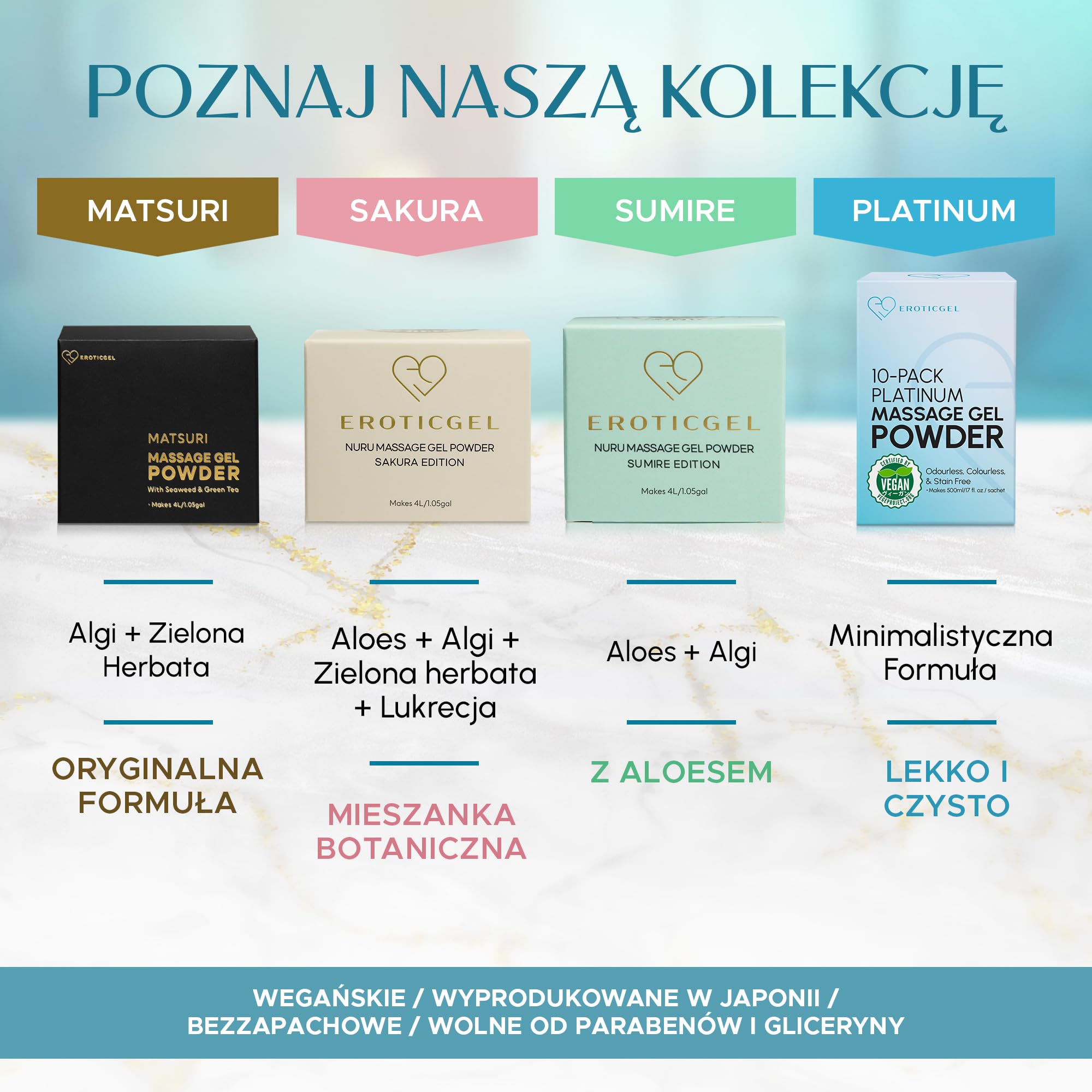 Japoński żel do masażu Nuru w proszku Platinum 10x5 g, zapewnia 5 litrów
