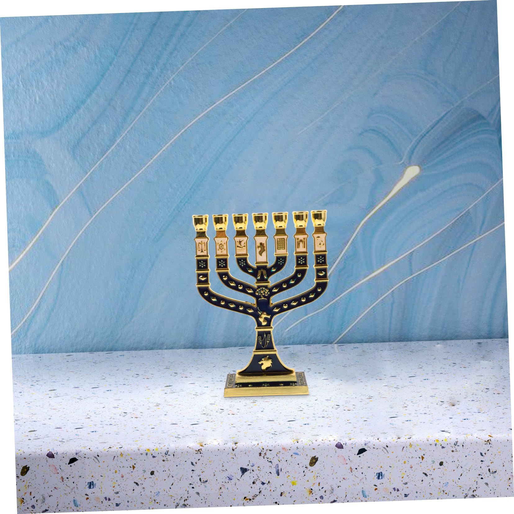 GARVALON Candeliere Ebraico da Tavolo in Lega di Alluminio Blu Design a 7 Bracci Elegante per Cerimonie Religiose e Decorazione della Tavola in Ambito Familiare