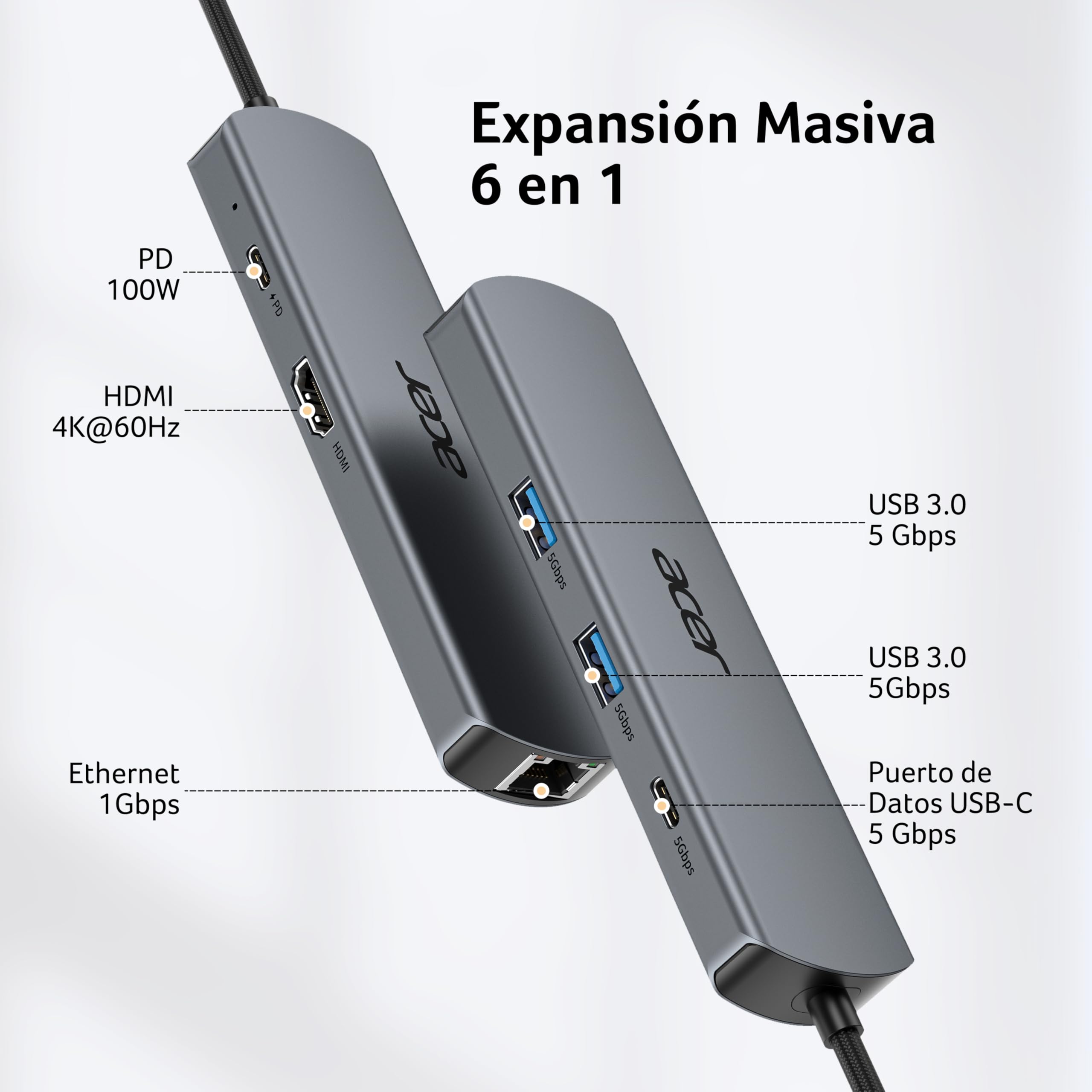 acer Hub USB C Ethernet de 1000Mbps, Adaptador HDMI 4K@60Hz, 1*USB-C 5 Gbps, 2*USB-A 3.0, PD 100W, Docking Station Multipuerto para iPhone 17/16, MacBook iPad Pro, Mac, Surface, Galaxy S25/26, etc.