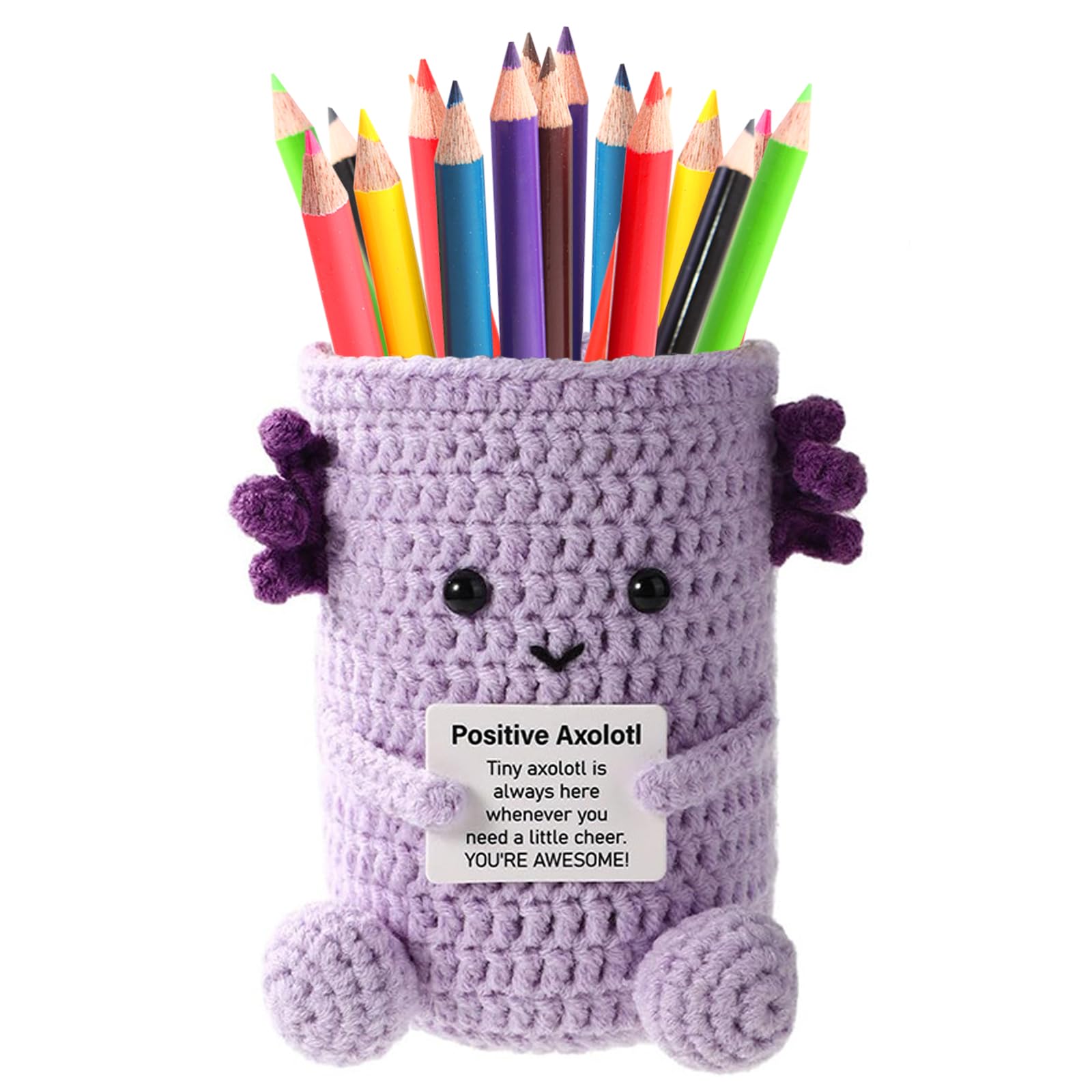 Positive Crochet Animals Pen Holder, Emotional Support Crochet Pencil Holder with Inspirational Card, Pen Organizer for Desk, Pencil Cup for School, Home, Office Desk Decor, Birthday Gift, Purple