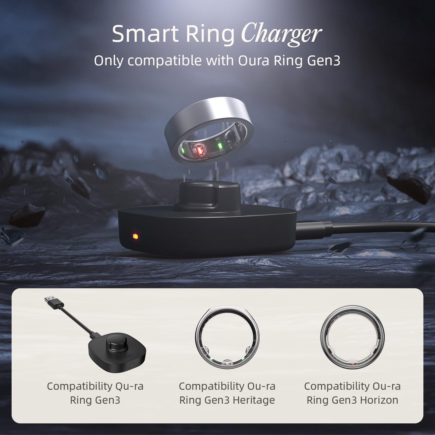 SOFTGAS Smart Ring Charging Size 7, Compatible with Oura Ring Gen3 Charger, Fast Charging Dock and USB-C Cable, Charger for Smart Ring (Black)