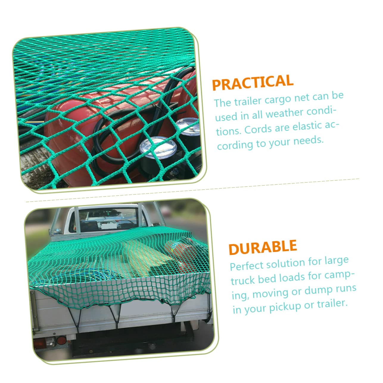 Rete di Carico per Pick-up in Nailon Resistente Strappo con Corde Elastiche e 15 Ganci per Rimorchi e Portapacchi Tetto per Campeggio e Trasporto Merci
