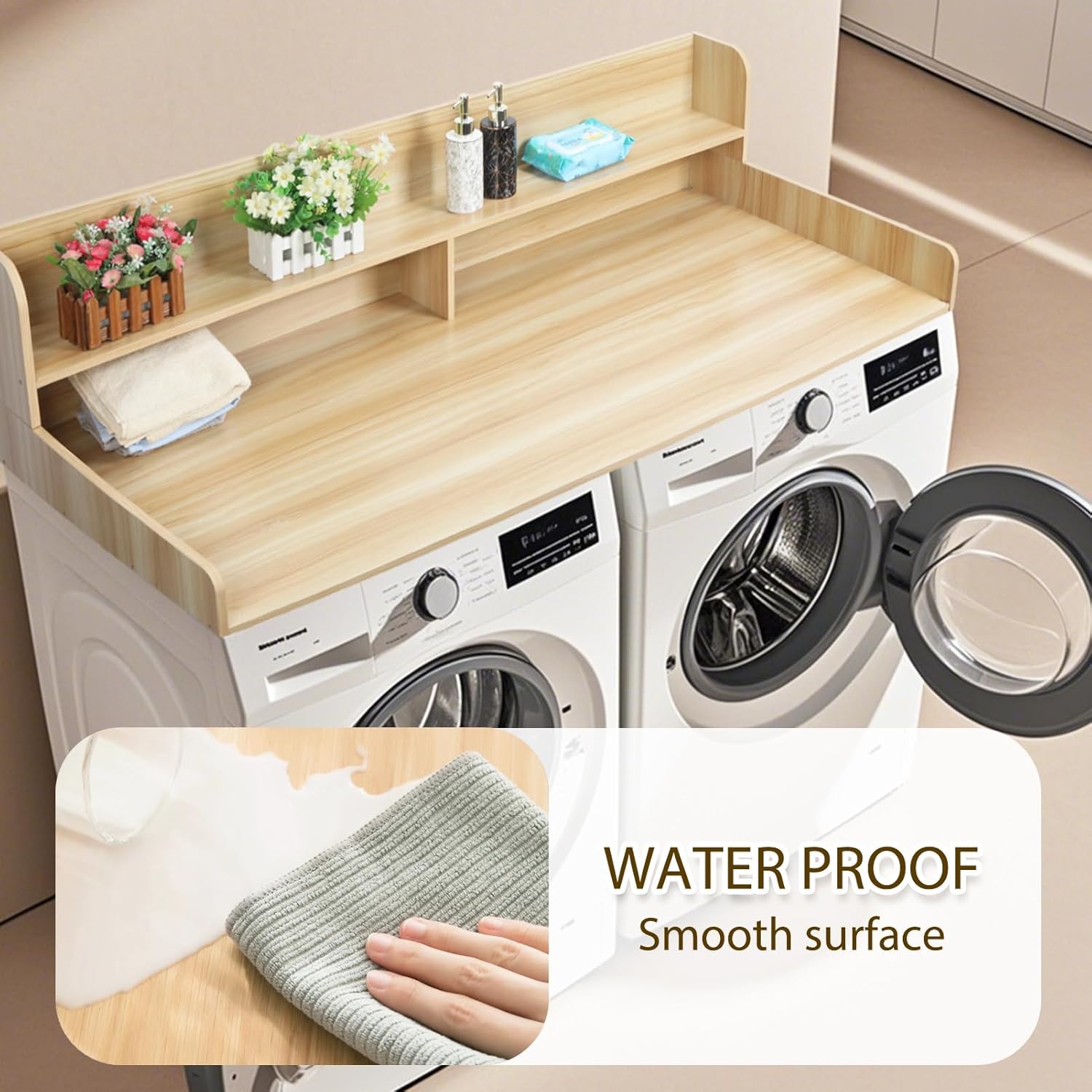 YOXIER Washer Dryer Countertop, Laundry Room Organization with 2-Tier Shelf, 54"W x 27.5"D Wooden Laundry Organizer, Laundries Countertop for Folding Clothes, Washer and Dryer Topper with Non-Slip Pa