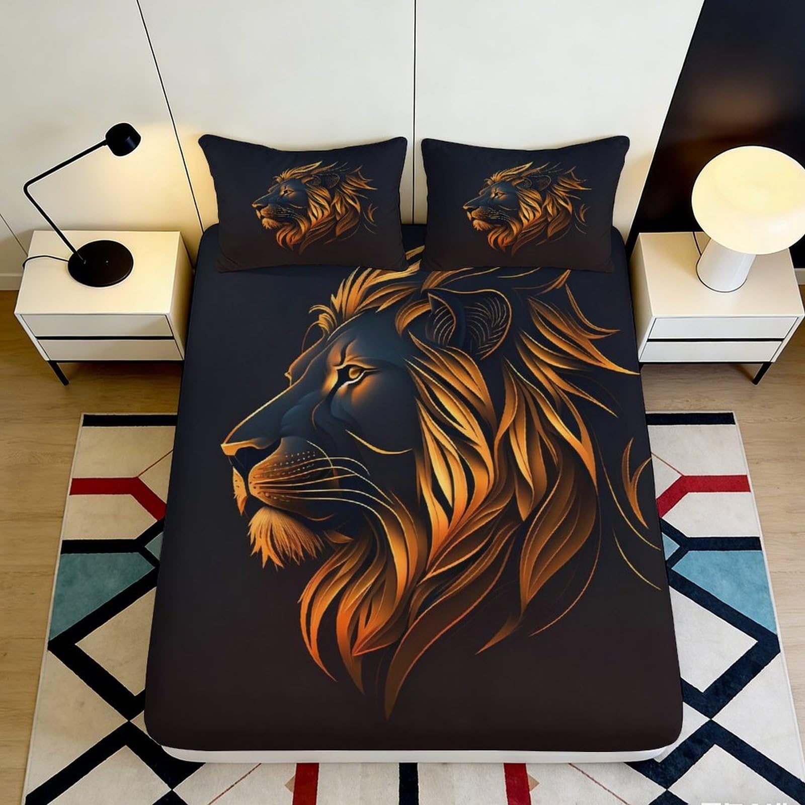3D Printed Lion Head Fitted Sheet Microfiber Golden Mane Mattress Cover for Bedroom Decor Anti-Slip Washable Adult Teen 90x200x25cm