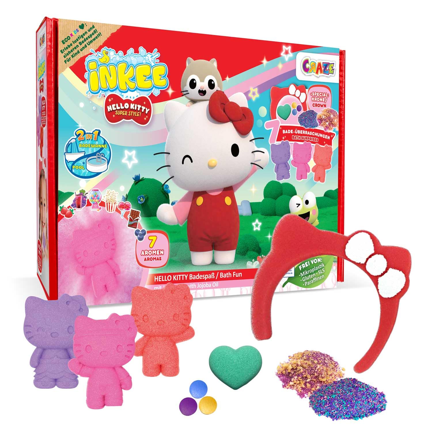 INKEE Hello Kitty Kids Bath Gift Set – 7 Bath Bombs and Bath Salts with Jojoba Oil and Fun Scents – Bubble Bath Toys for Girls and Boys, Bath Time Gift for Children Age 3+