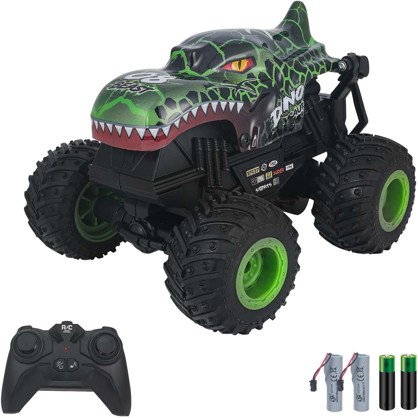 Remote Control Monster Truck – 2.4GHz RC Car with Lights and Music,360° Rotating Stunts Dancing,Dual Batteries,Off-Road Toy Truck, for Kids, Boys and Girls,Dinosaur,Green