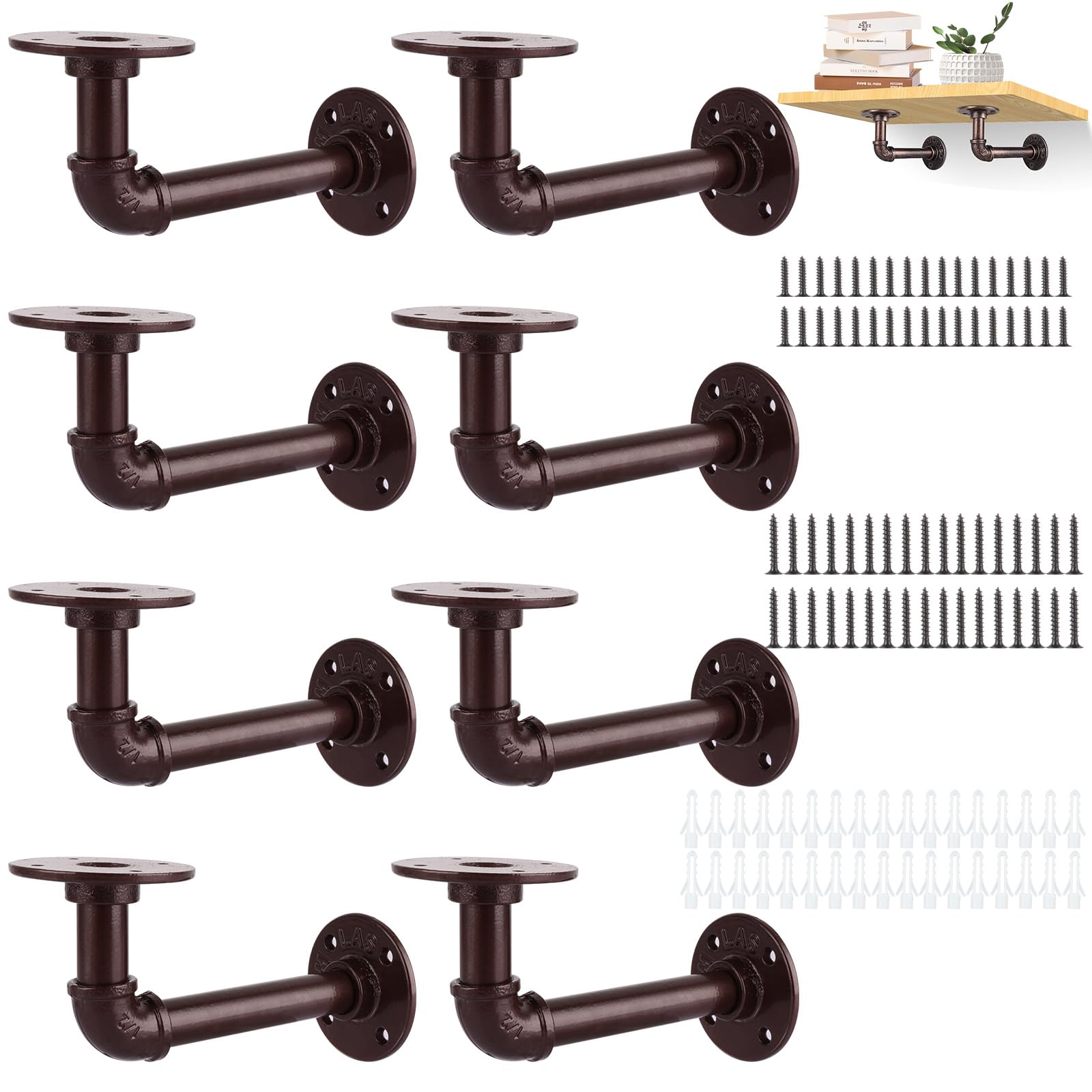 MUXHEL 8PCS Industrial Pipe Shelf Brackets, Wall Mounted Industrial Shelf Brackets with Screws