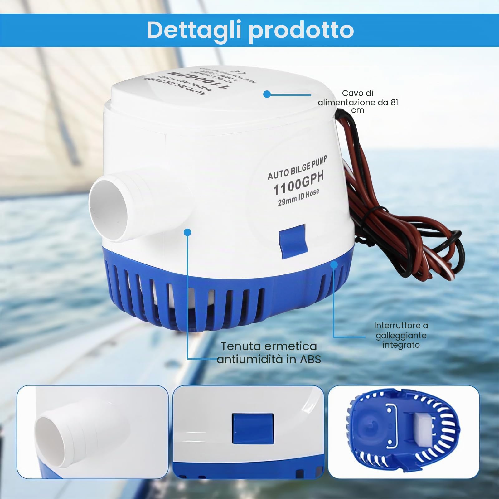 OurLeeme Pompe di Sentina, Pompa di Sentina Automatica 12V 1100GPH Pompa di Sentina Automatica Sommergibile Marina Pompa Acqua Silenziosa Liquida per Barche, Stagni, Piscine