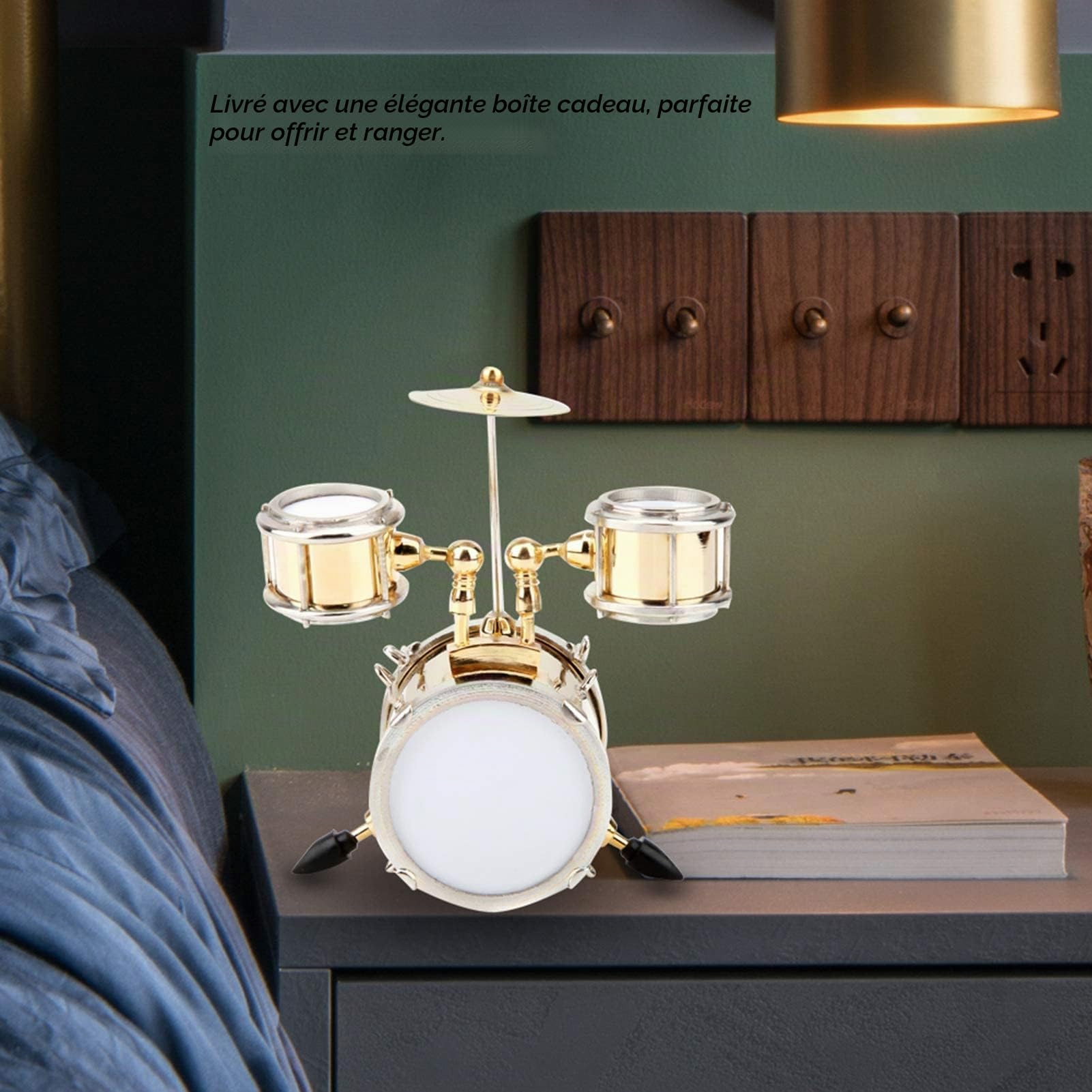 Ensemble de Batterie Miniature Réplique D'instrument de Musique Miniature Ornement de Tambour en Laiton avec Boîte pour Batteur