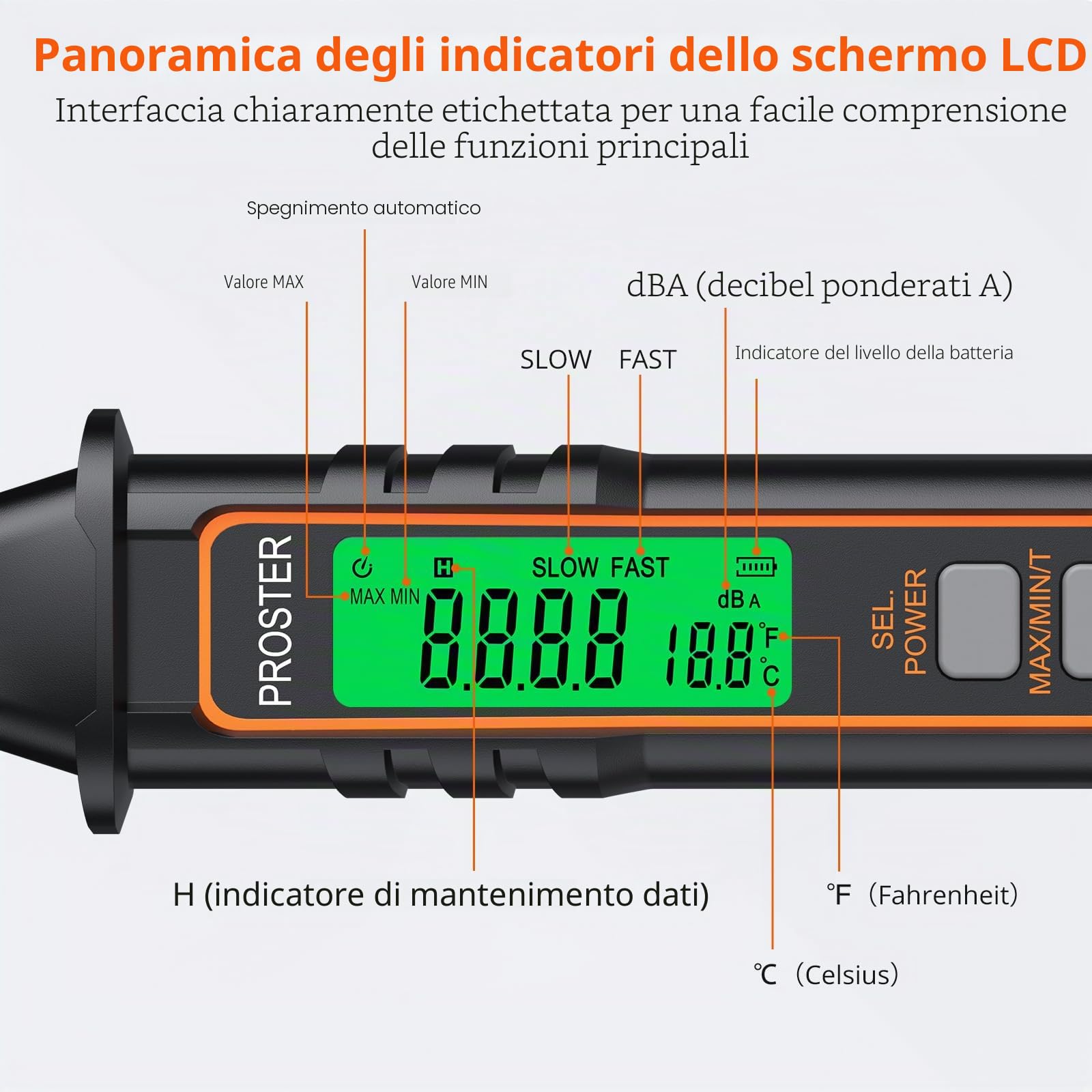 Proster Misuratore di Decibel Digitale 30dB a 130dB Portatile con Funzione di Temperatura A-Pesato Max/Min Risposta Veloce/Lenta LCD Retroilluminato Ideale per Ambienti di Lavoro Uffici e Fabbriche