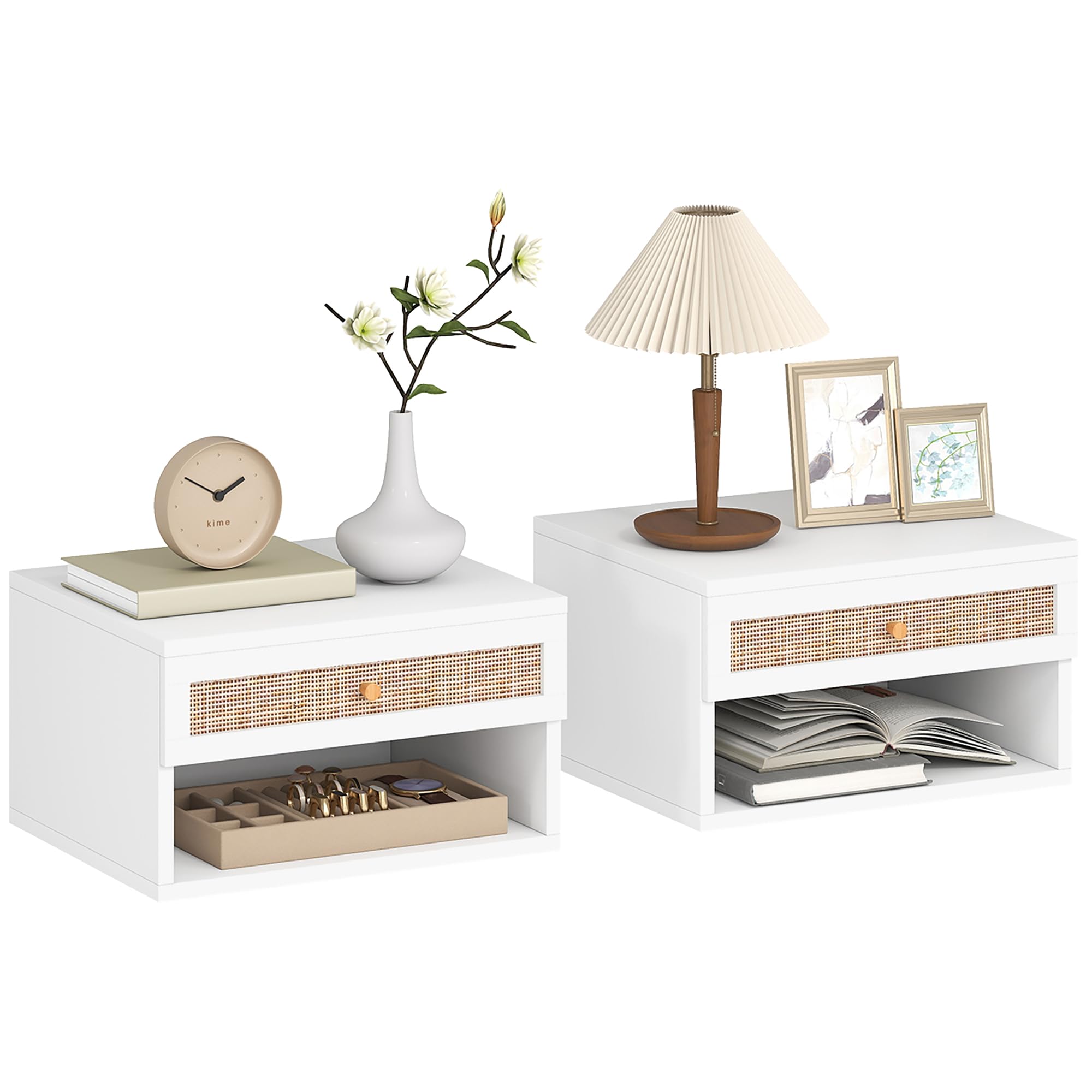 HOMCOM Set di 2 Comodini da Parete in Legno 40x34x23 cm | Comodino sospeso, cassetto scorrevole, ripiano, frontale in rattan intrecciato