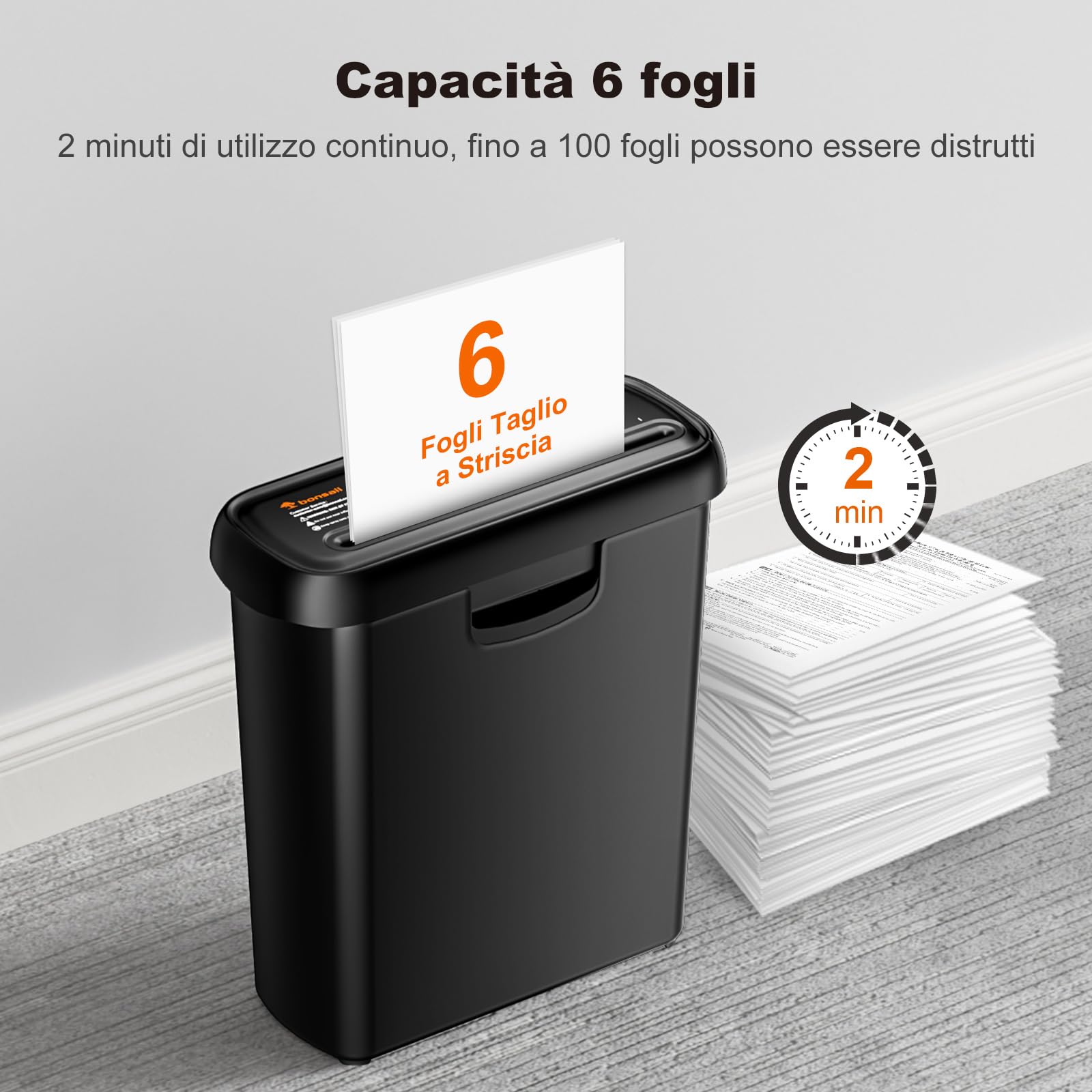 Bonsaii Distruggi documenti con braccio telescopico, taglio a striscia, 6 fogli, con cestino da 9 litri, livello di sicurezza P2, trita documenti con funzione distruggi carte di credito (S123-A)