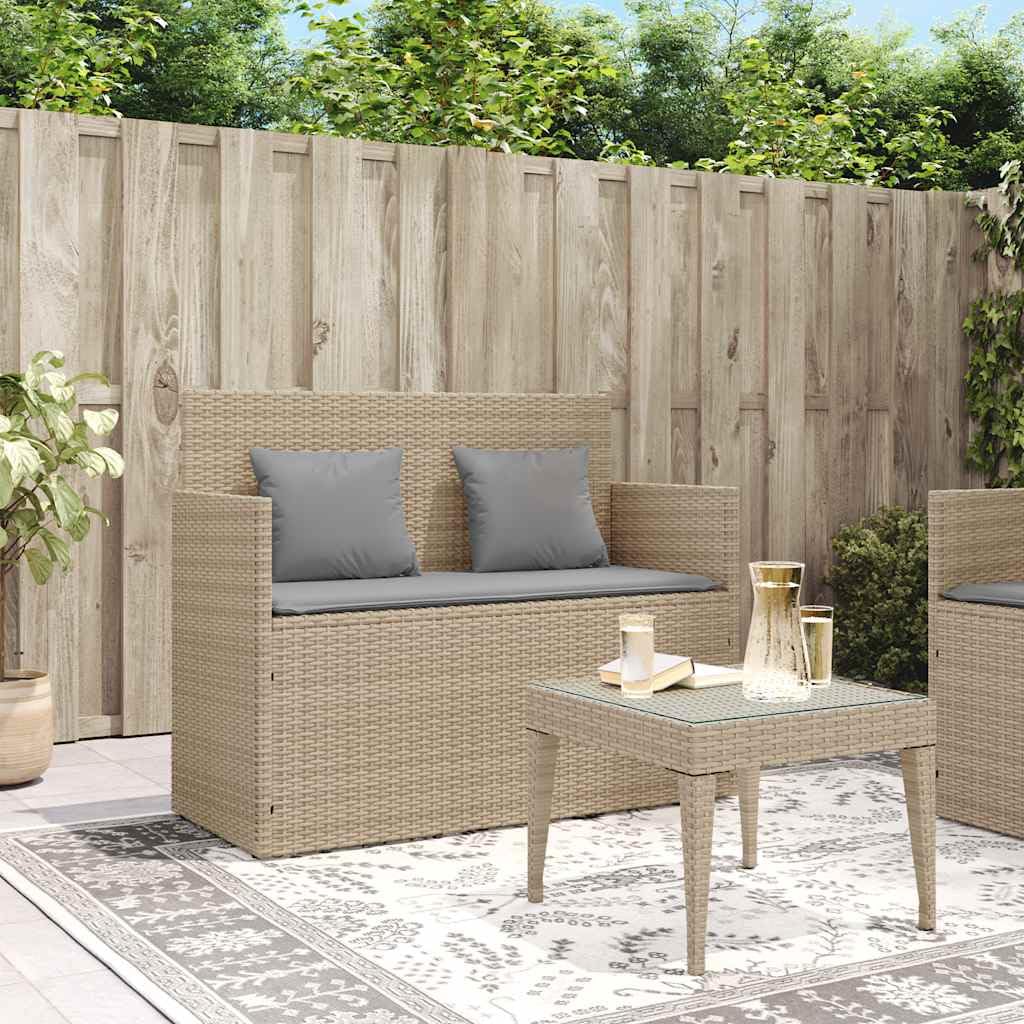 SYDE Banco de Jardín Ratán Sintético Beige con Cojín | Almacenamiento bajo asiento, Bolsa Impermeable, Resorte de Gas, Funda Lavable, Máx 110 kg