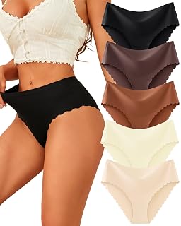 FINETOO Seamless Underwear for Women High Waisted Panties Scalloped Edge Sexy Cheeky Bikini No Show Briefs S-XXL 5 Pack - Amazon product rated Grade A