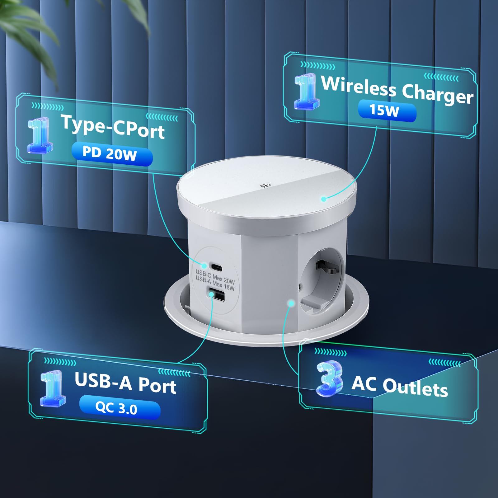 Regleta de toma empotrable para encimera, multienchufe empotrable, toma de mesa retráctil con 3 enchufes, 1 USB-C y 1 USB-A - Mesa retráctil - con cargador inalámbrico (blanco)
