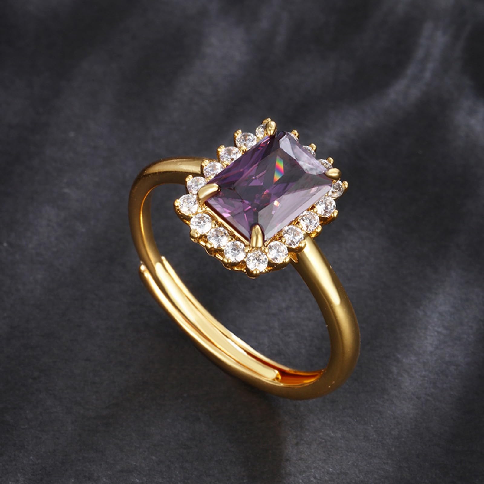 Anello da donna in oro 9 K/14 K/18 K, anello rettangolare con ametista a grappolo in vero oro