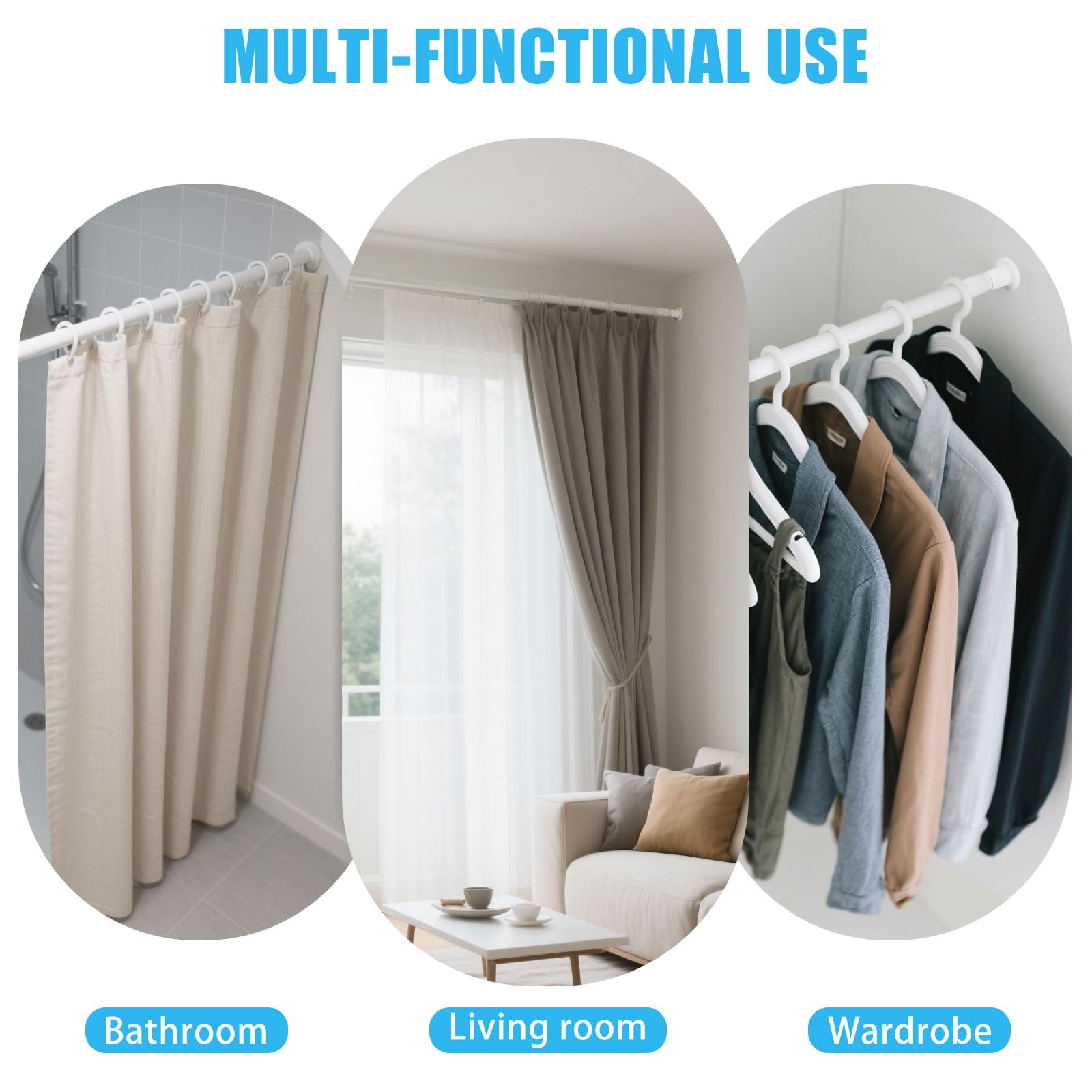 No Drill Adjustable Shower Rail, Stainless Steel Tension Curtain Rod 71-165cm (28-65") - Image 4