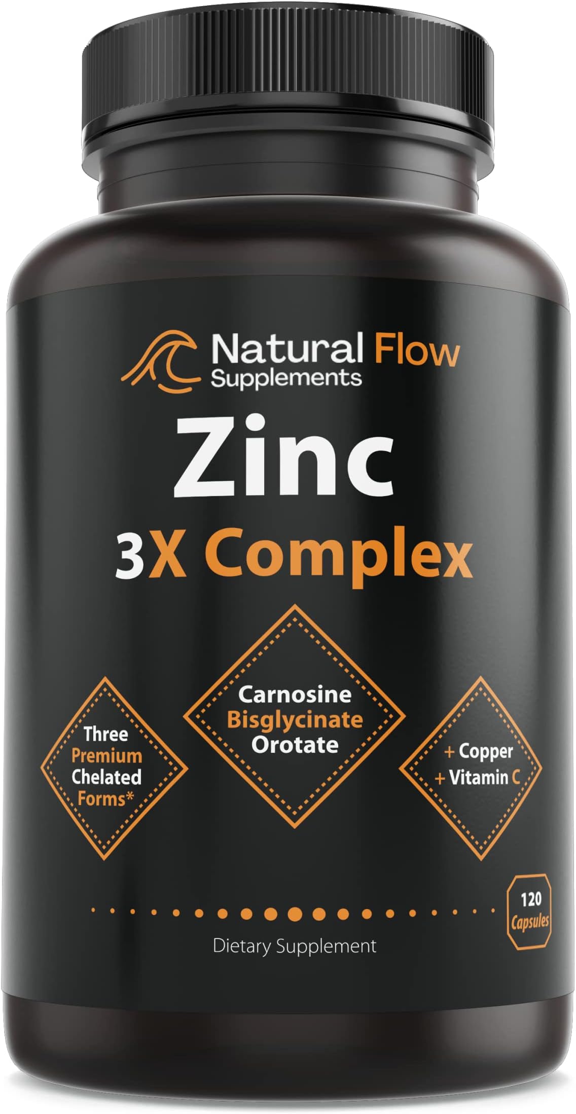 Zinc Supplement Complex with Copper and Vitamin C - Natural Flow 3X Zinc Carnosine, Bisglycinate Chelate, and Orotate, Chelated Copper, Easy on The Stomach, Skin and Immune Support, 120 Capsules
