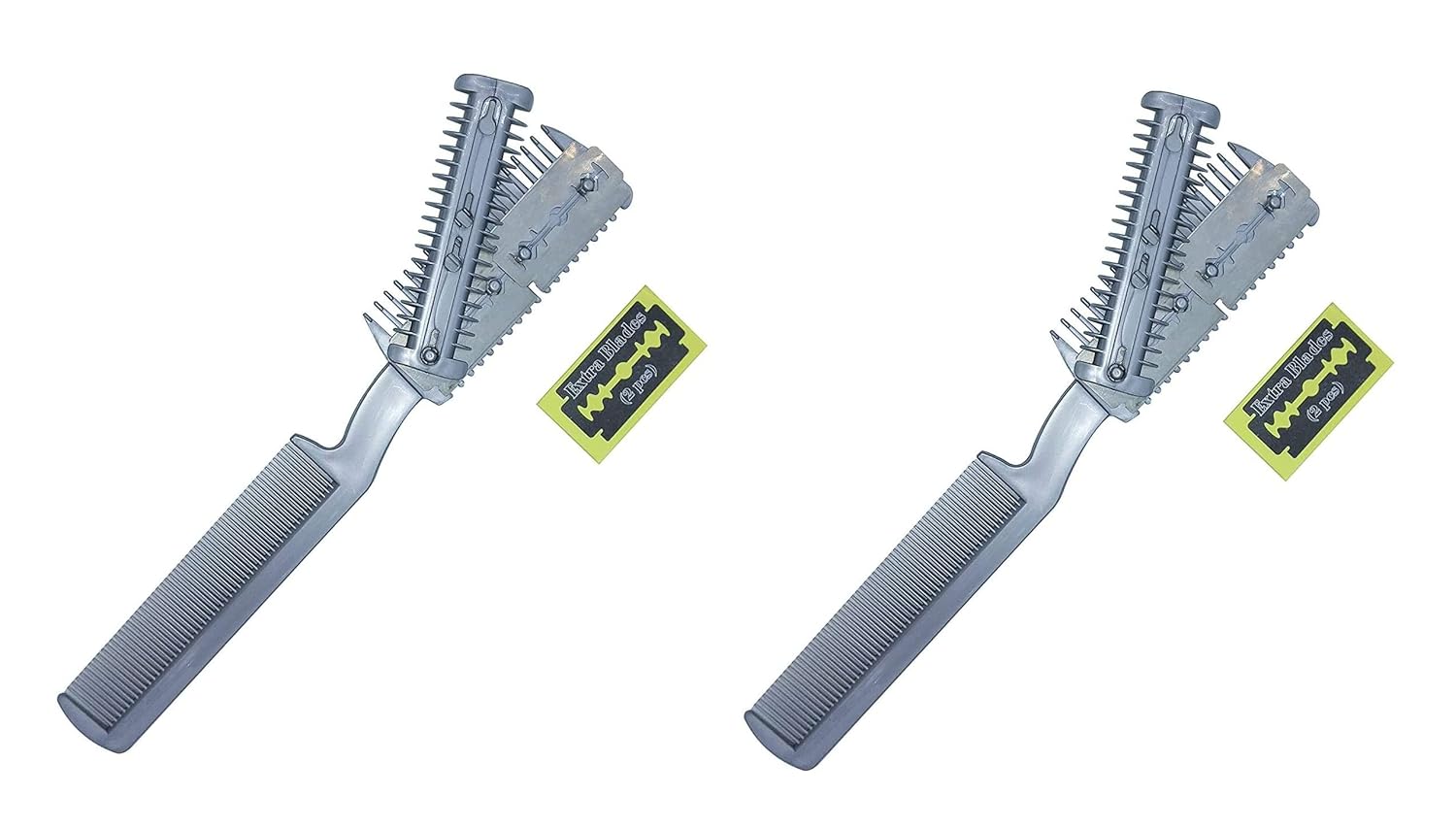 Two manual pet hair trimmers, one grey and one black, shown outside of their packaging with extra blades next to them.