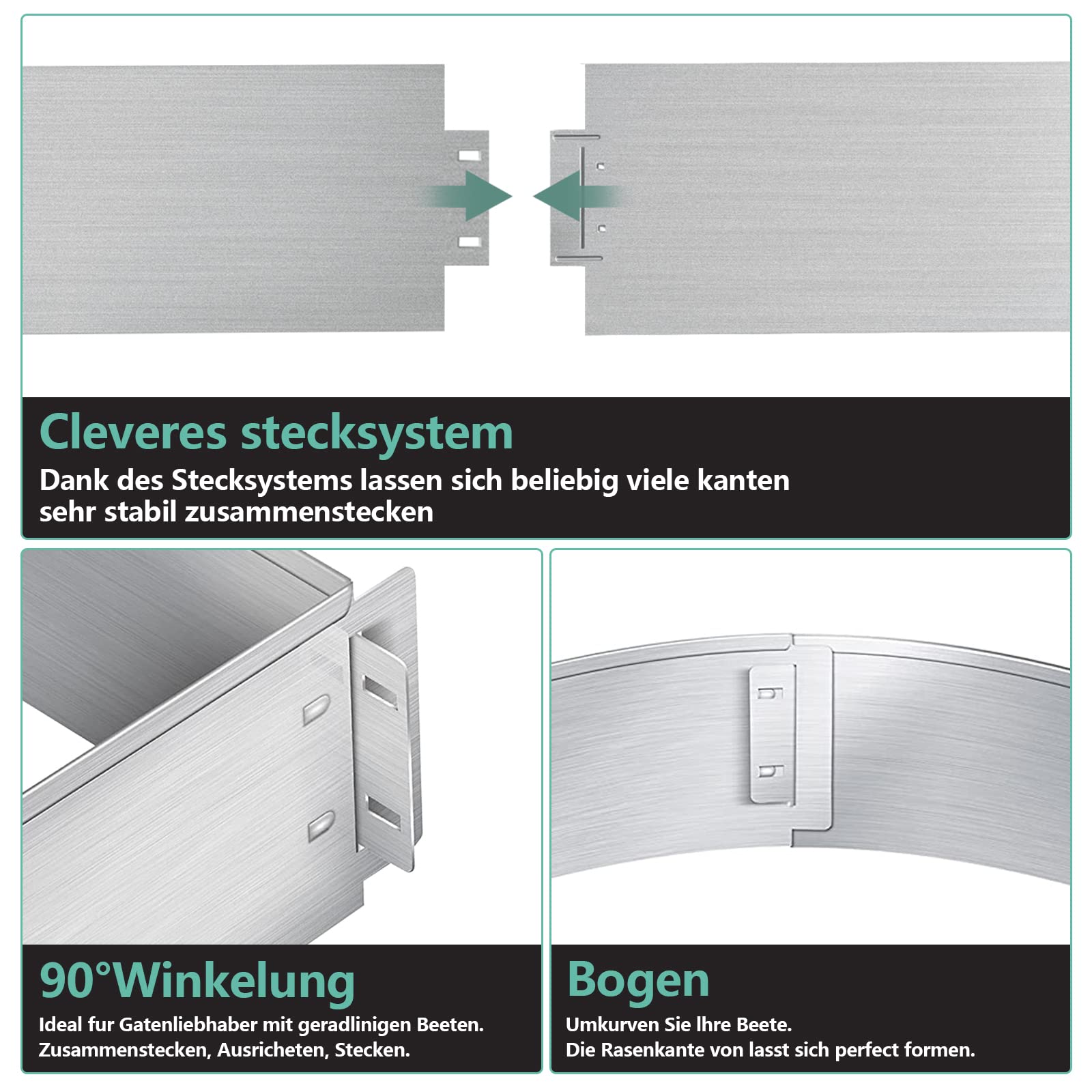 Rasenkante verzinkt Metall, 5m 10m 15m 20m 25m 30m 35m 40m 45m 50m 100x15cm oder 100x18cm Beeteinfassung Mähkante Palisade Gartenbeet, Silber (Länge 10m - Höhe 15cm)