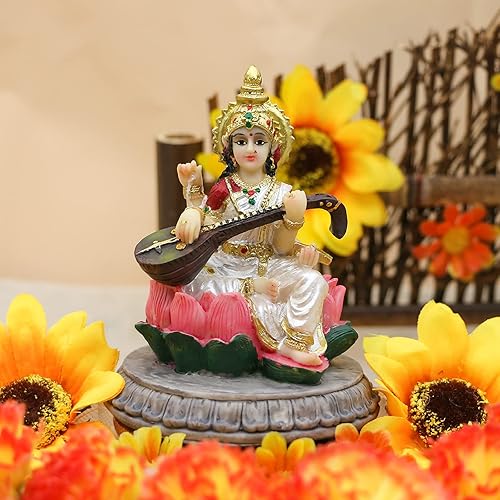 Miniatura 2 de alikiki Estatua de Sarawati de ídolo indio pequeña de la India, 3.9 pulgadas de alto, figura de diosa hindú Saraswati para decoración de tablero de