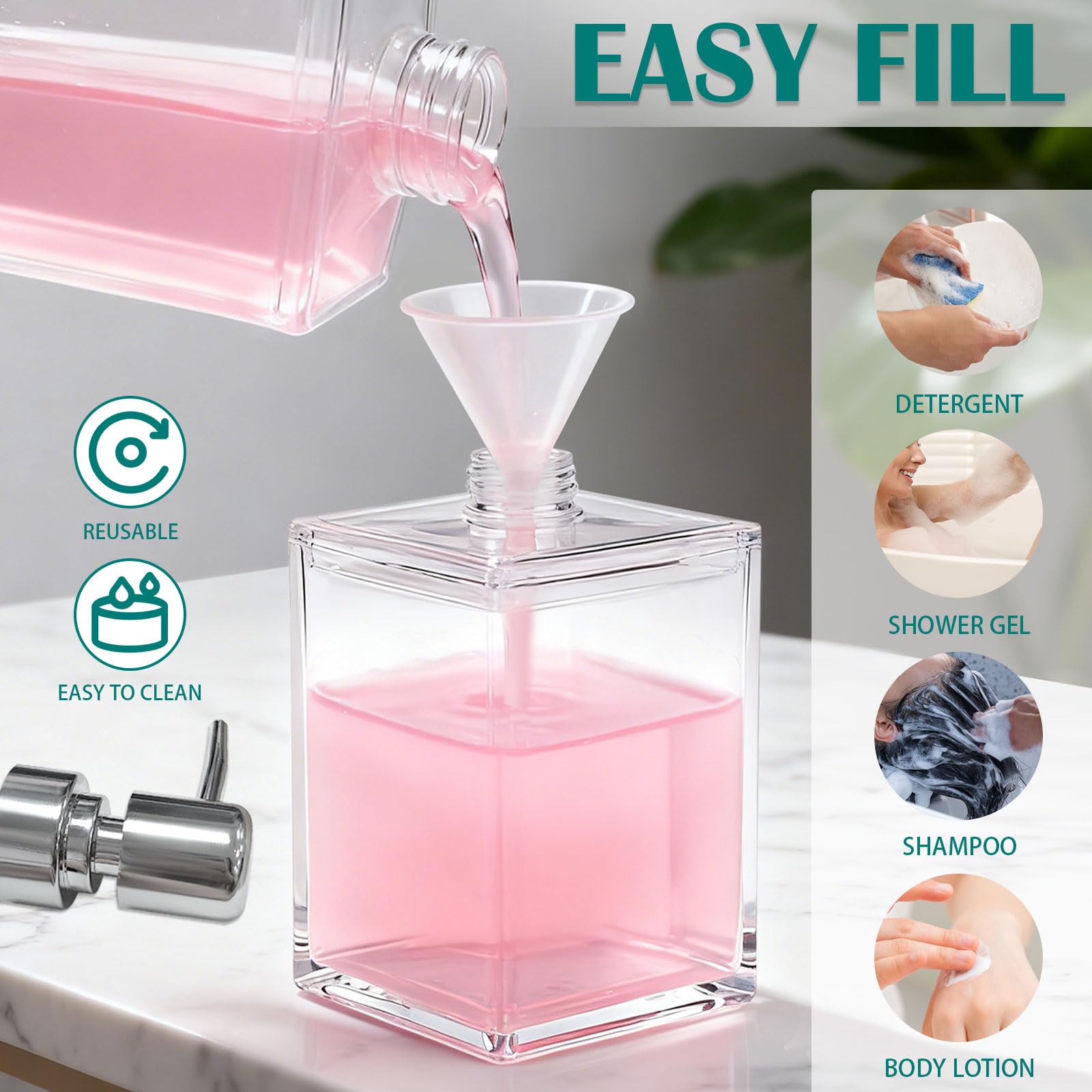 Dispensador de jabón acrílico transparente, dispensador de jabón de manos grueso moderno de 500 ml para baño, plato de cocina, botella de bomba de líquido para enjuague bucal, loción y champú