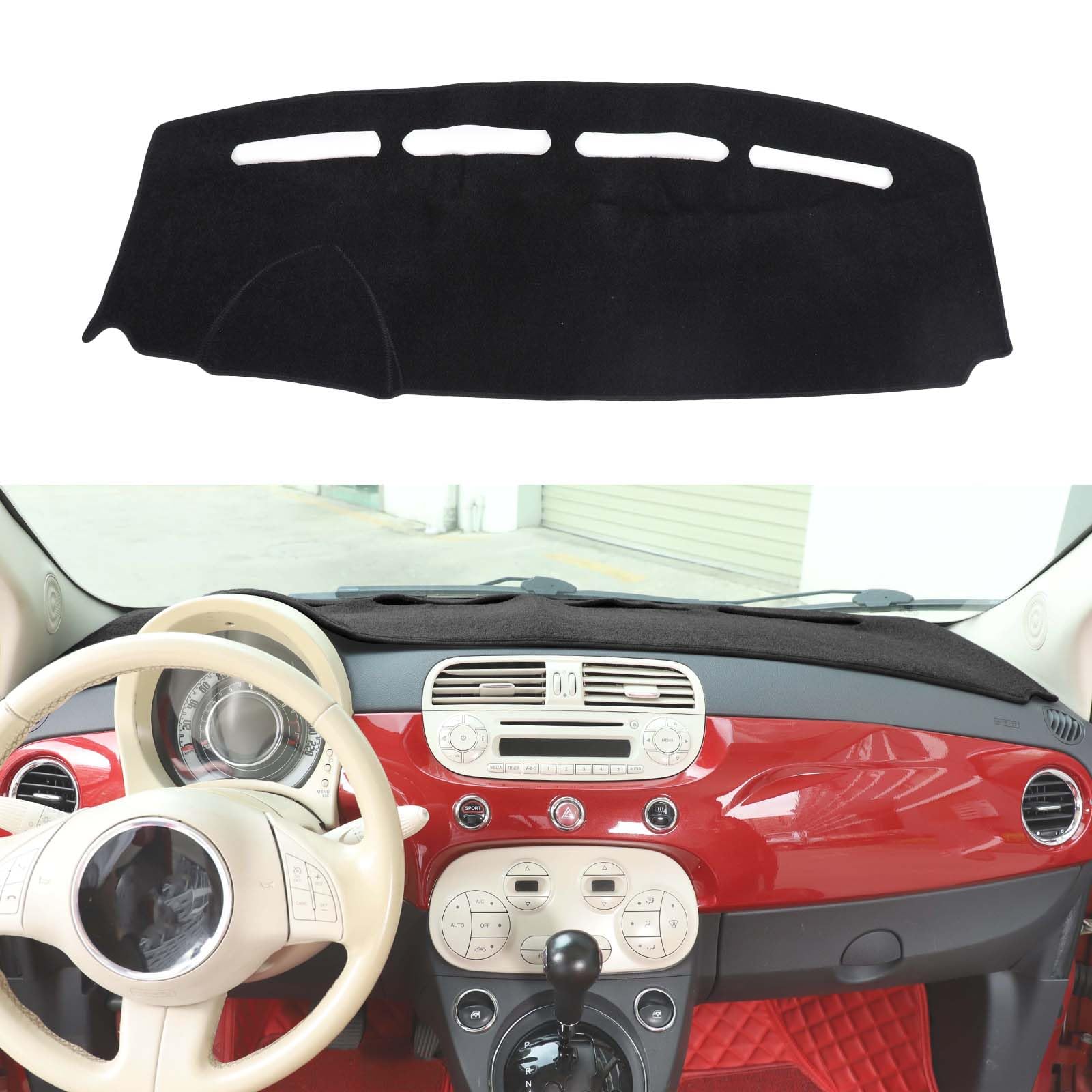 Housse de tableau de bord compatible avec Fiat 500 2008-2023, revêtement intérieur pour tableau de bord de voiture, antidérapant, anti-UV, protection solaire (noir, avec conduite à gauche)
