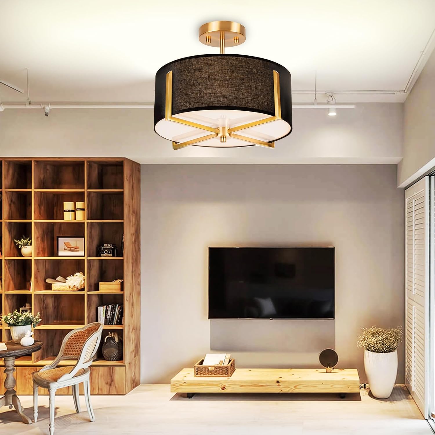 Edwarmlux 3-Light Semi Flush Mount Ceiling Light Fixture, 13.7" Gold Drum Light with Black Fabric Shade, Modern Close to Ceiling Lamp for Living Room Bedroom Dining Room Kitchen Hallway Entry Foyer